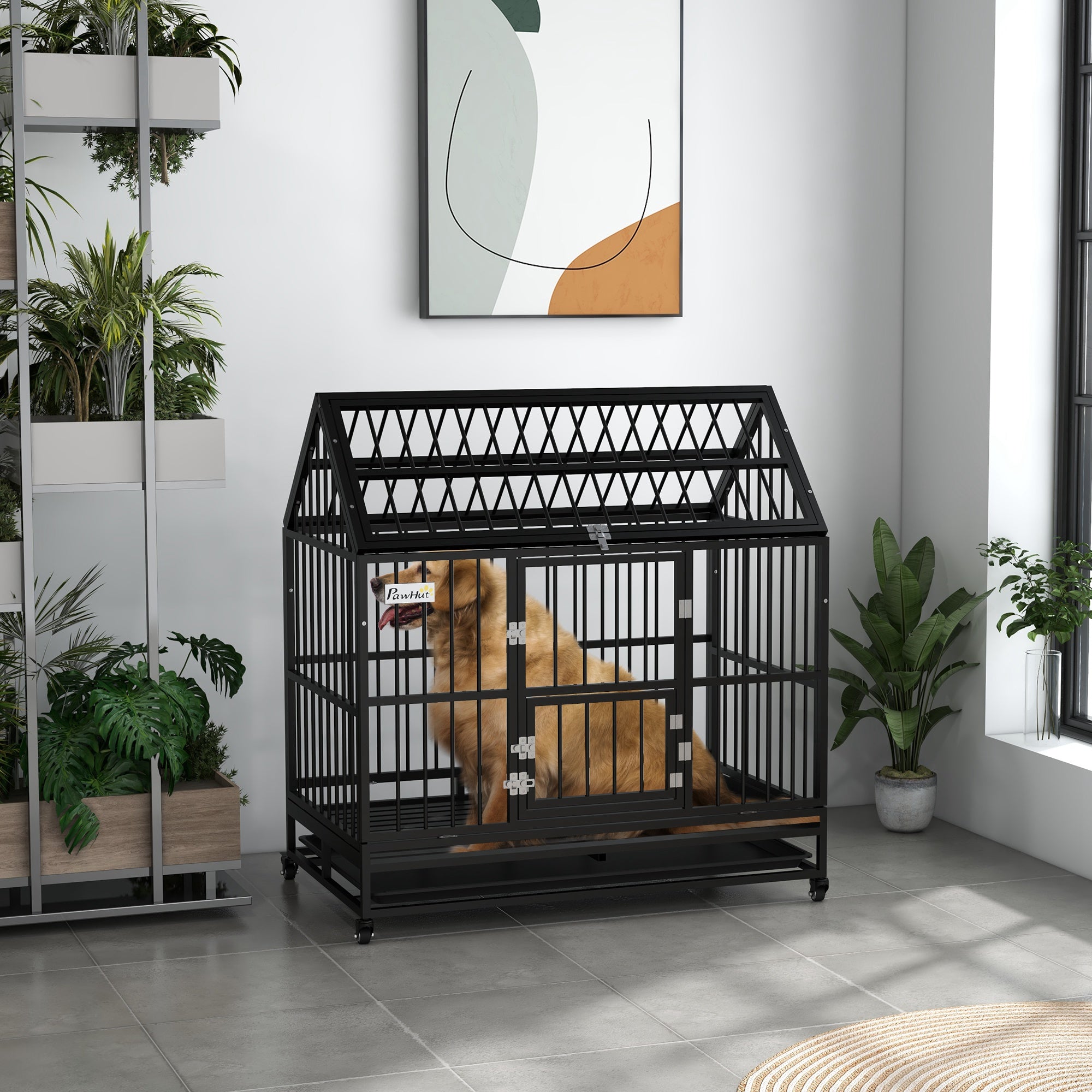 PawHut 48" Heavy Duty Dog Crate, Indoor Outdoor Dog Cage on Wheels with Locks, Removable Tray, Openable Top, 2 Doors, for Large and Extra Large Dog - Black