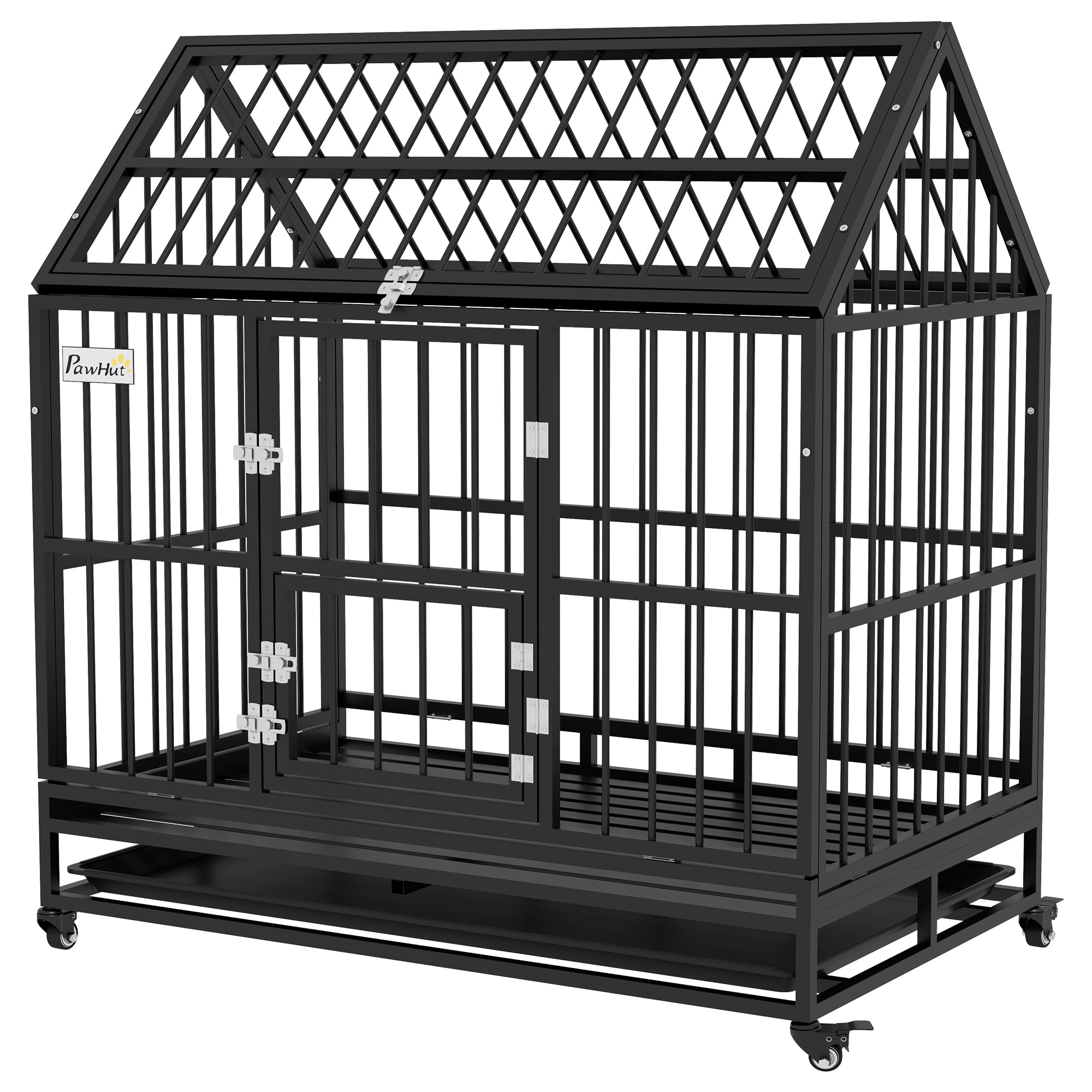 PawHut Heavy Duty Dog Crate, 49" Metal Dog Kennel Cage with Removable Tray, Doors, Openable Roof, Wheels, for Large and Extra Large Dogs, Black
