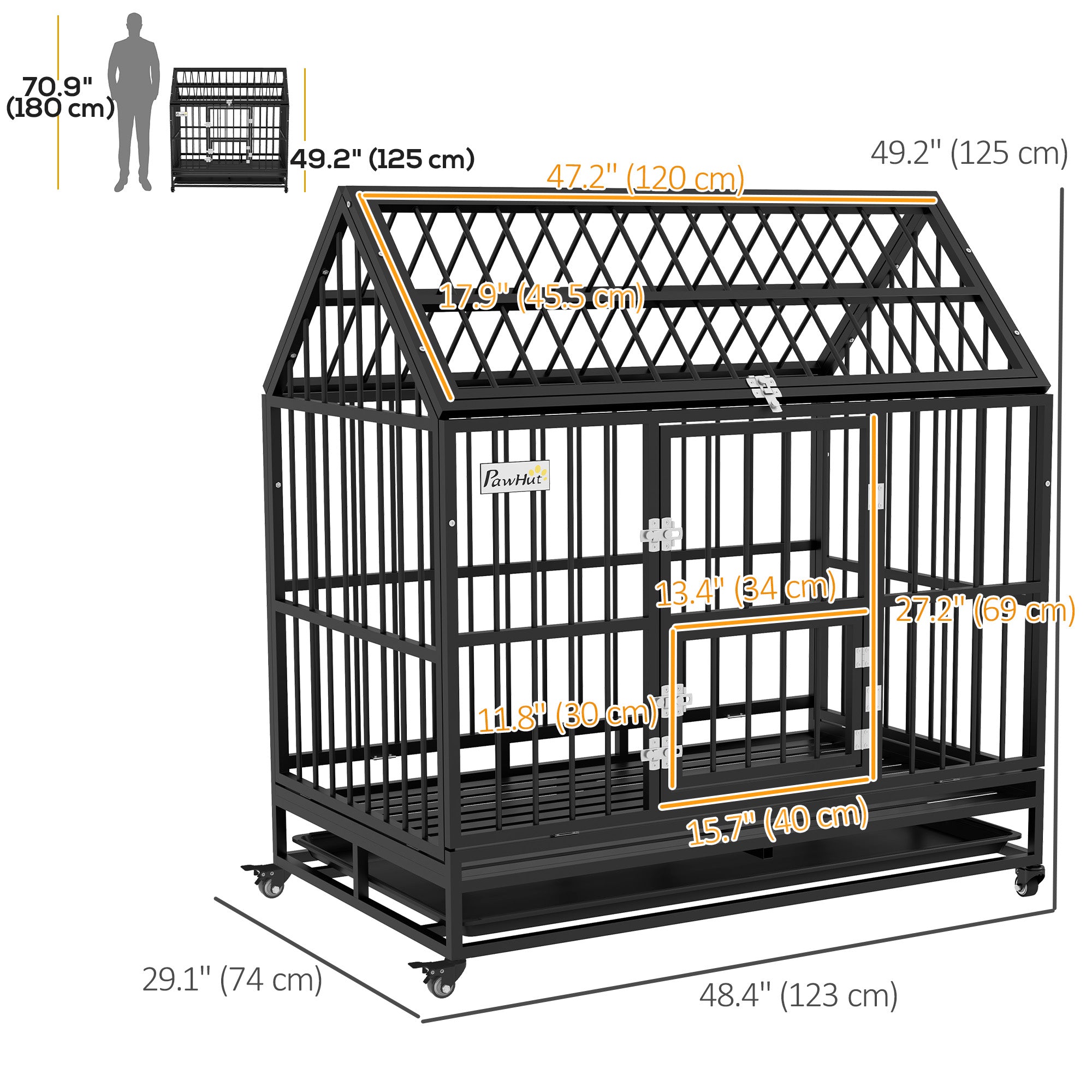 PawHut Heavy Duty Dog Crate, 49" Metal Dog Kennel Cage with Removable Tray, Doors, Openable Roof, Wheels, for Large and Extra Large Dogs, Black