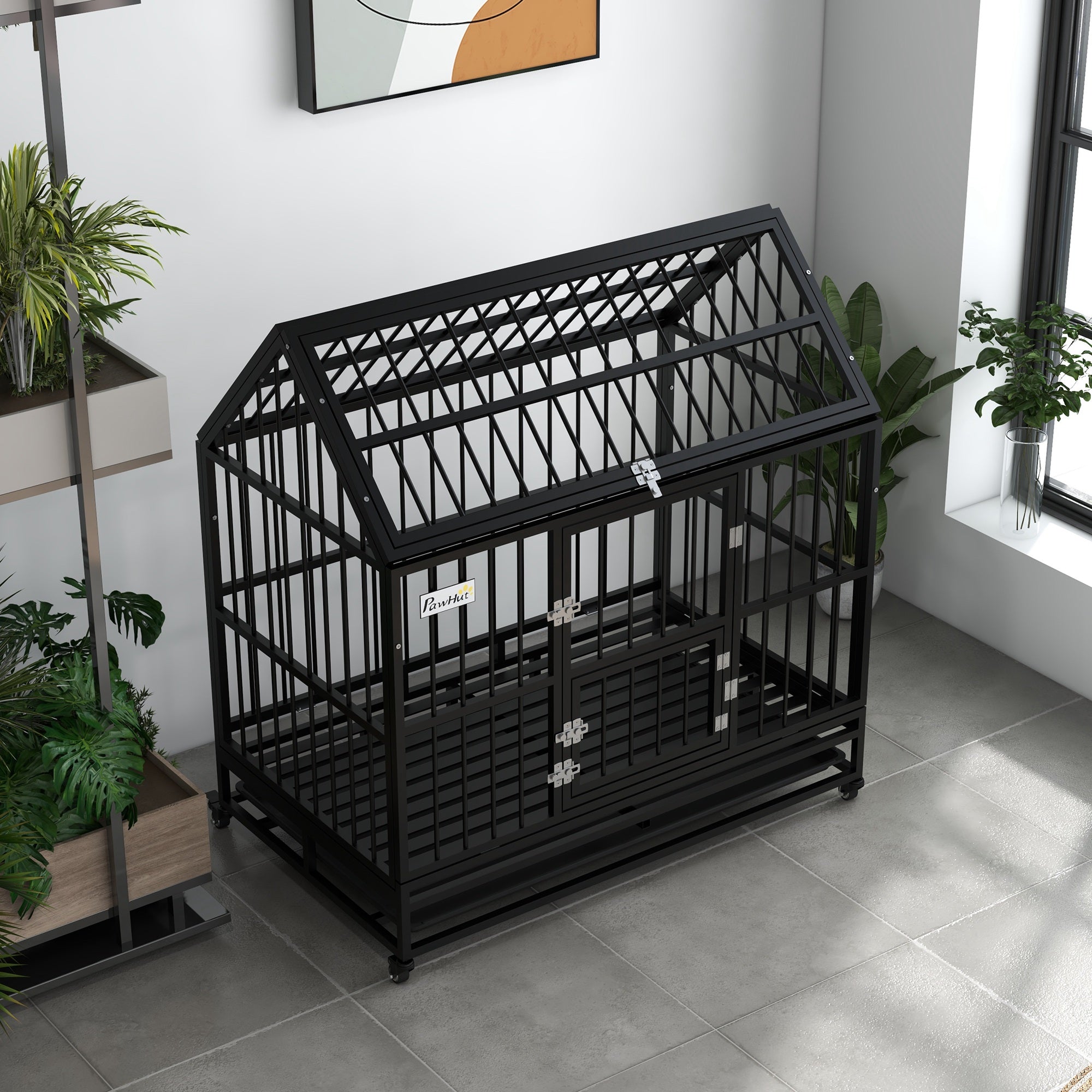 PawHut Heavy Duty Dog Crate, 49" Metal Dog Kennel Cage with Removable Tray, Doors, Openable Roof, Wheels, for Large and Extra Large Dogs, Black