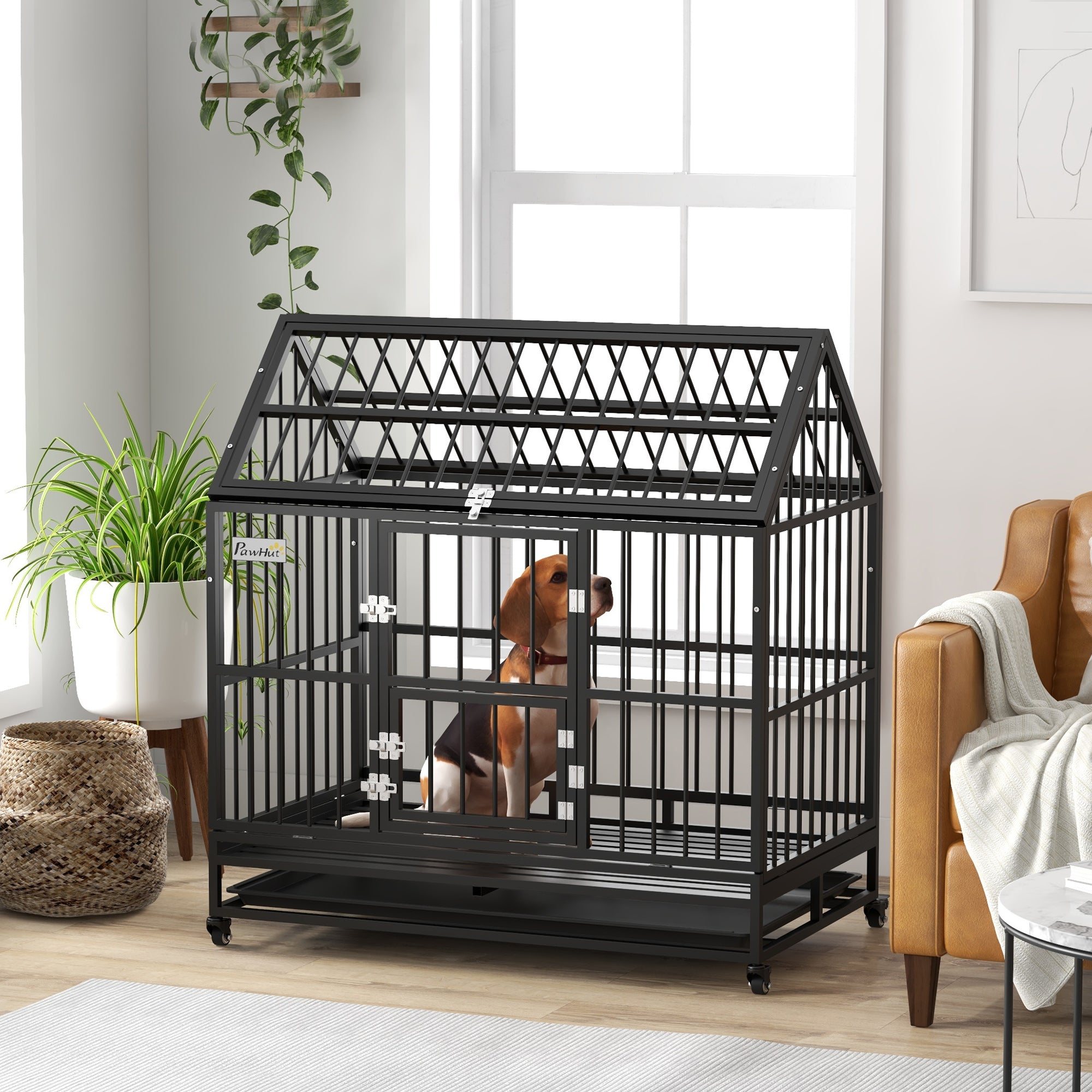 PawHut Heavy Duty Dog Crate, 49" Metal Dog Kennel Cage with Removable Tray, Doors, Openable Roof, Wheels, for Large and Extra Large Dogs, Black