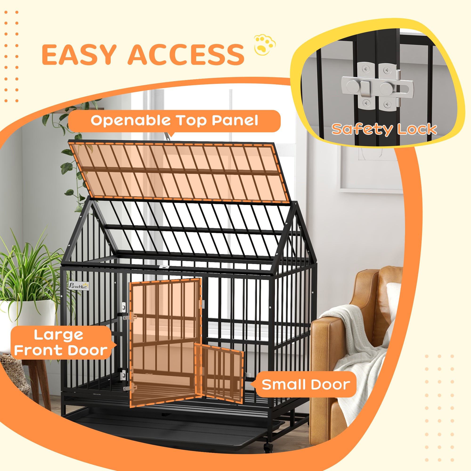 PawHut Heavy Duty Dog Crate, 49" Metal Dog Kennel Cage with Removable Tray, Doors, Openable Roof, Wheels, for Large and Extra Large Dogs, Black