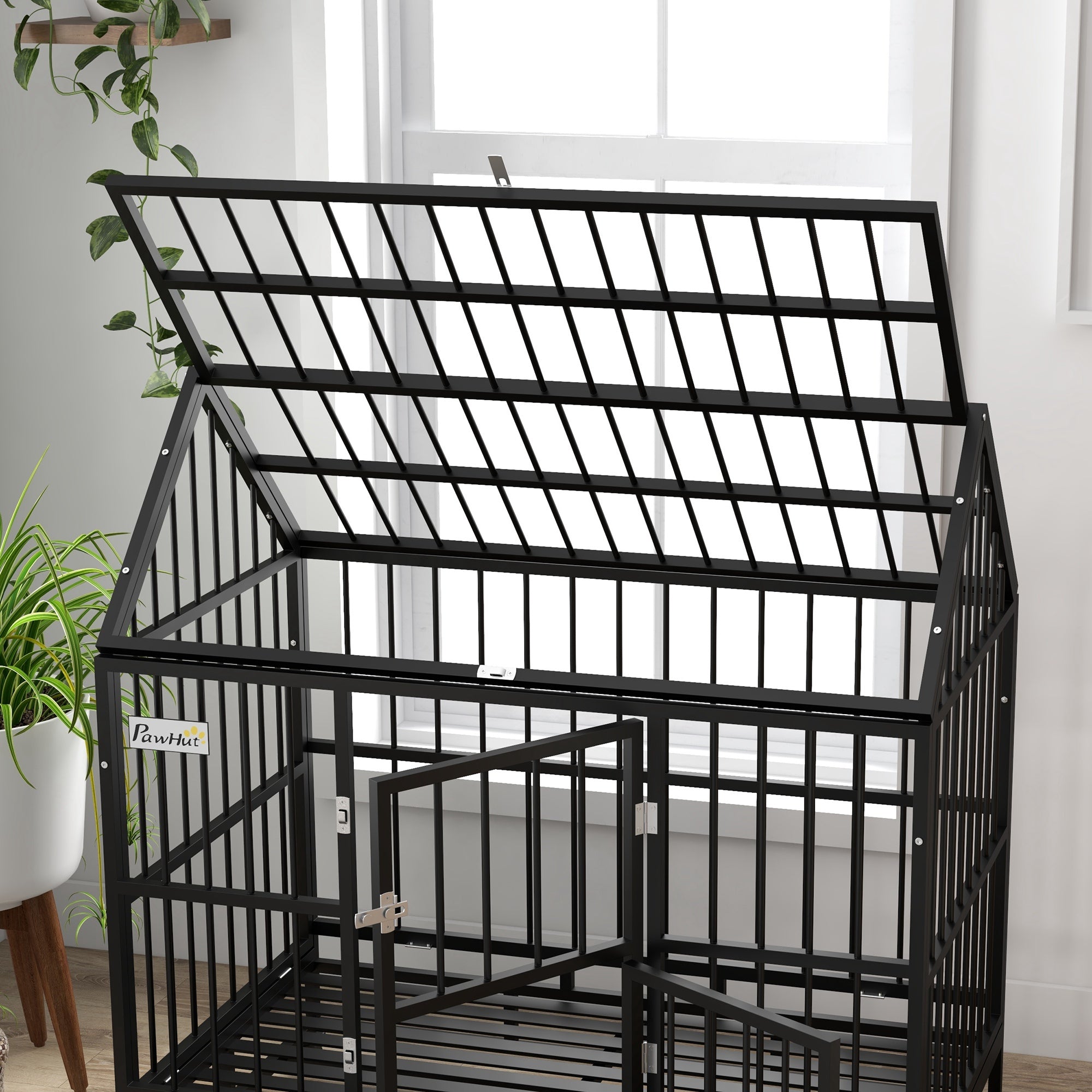 PawHut Heavy Duty Dog Crate, 49" Metal Dog Kennel Cage with Removable Tray, Doors, Openable Roof, Wheels, for Large and Extra Large Dogs, Black