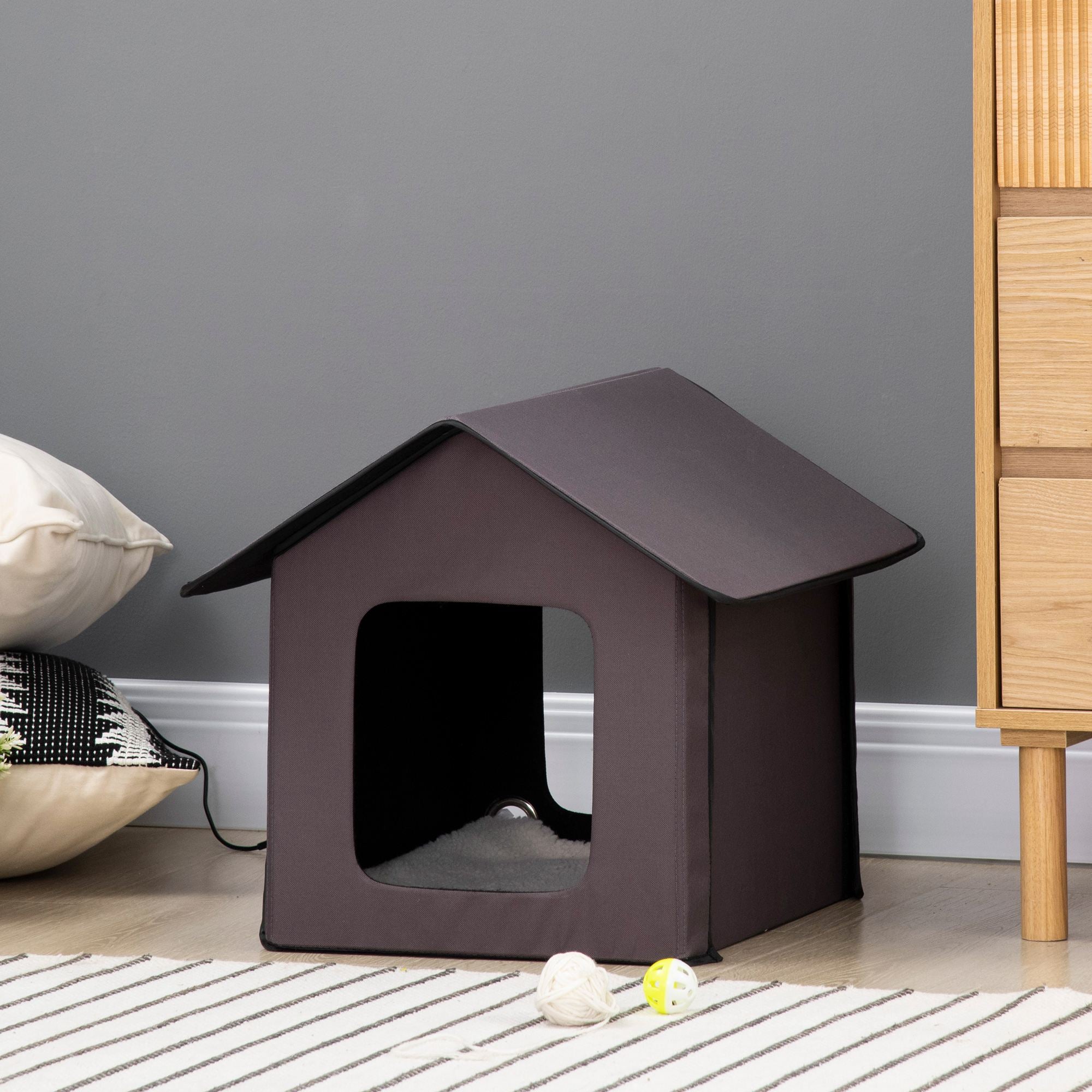 PawHut Heated Cat Houses for Outdoor and Indoor, Portable Kitty Shelter, Waterproof and Insulated, Brown