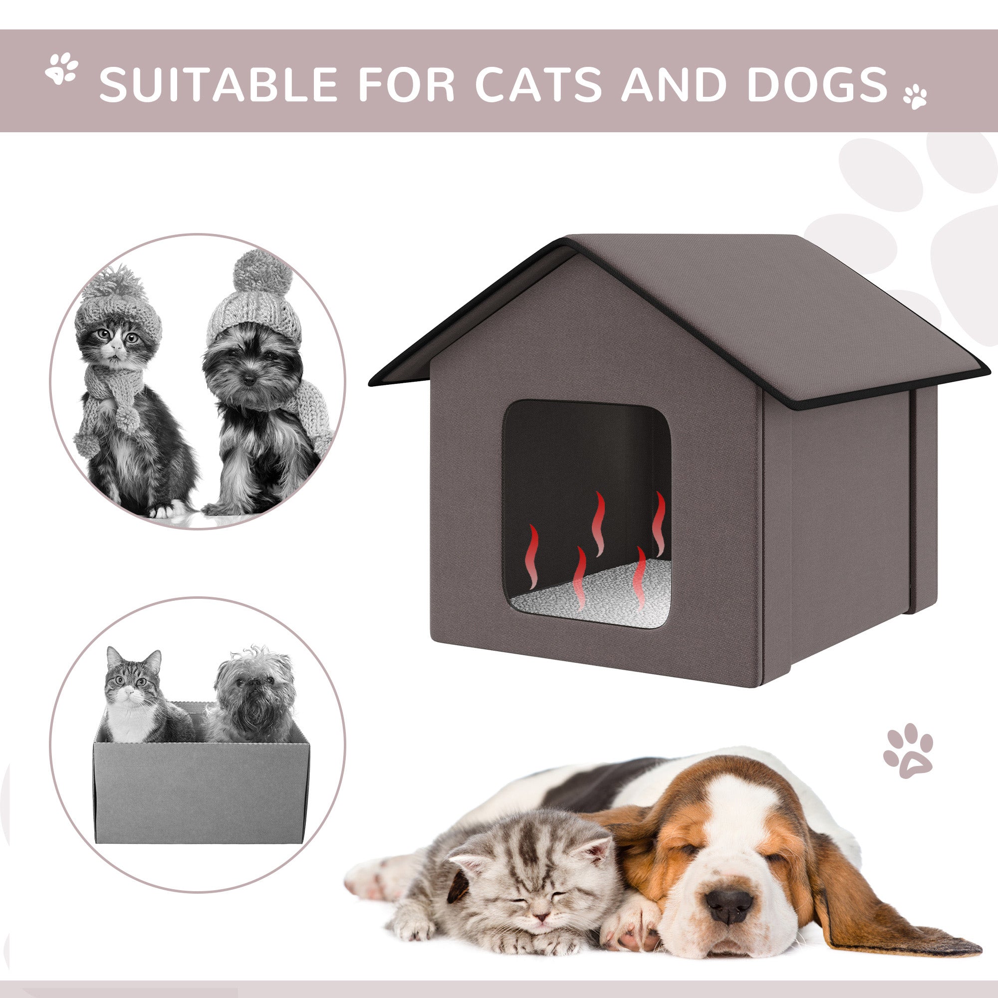 PawHut Heated Cat Houses for Outdoor and Indoor, Portable Kitty Shelter, Waterproof and Insulated, Brown