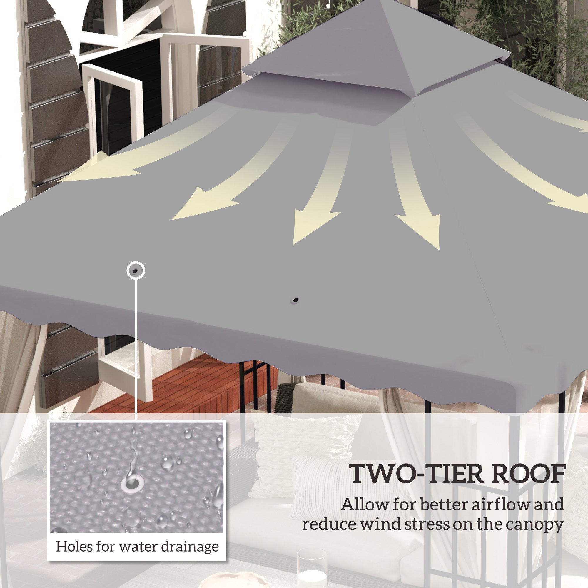 Outsunny 10' x 10' Gazebo Replacement Canopy Cover, 2 Tier Gazebo Roof Replacement TOP ONLY, Light Grey