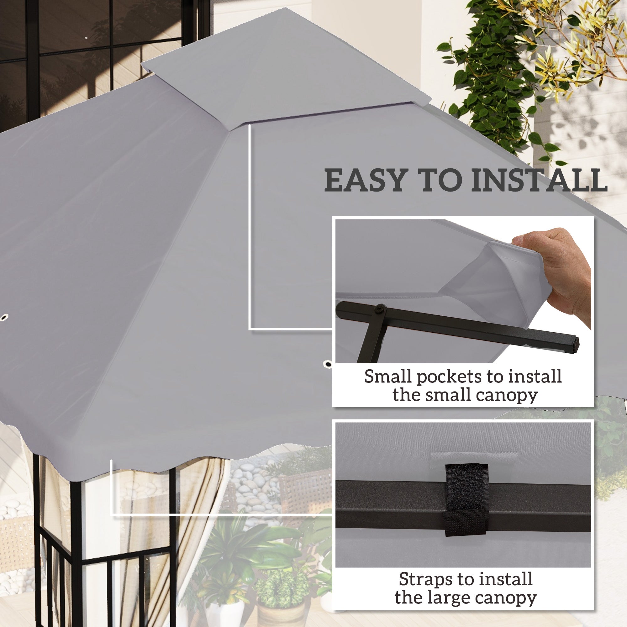 Outsunny 10' x 10' Gazebo Replacement Canopy Cover, 2 Tier Gazebo Roof Replacement TOP ONLY, Light Grey