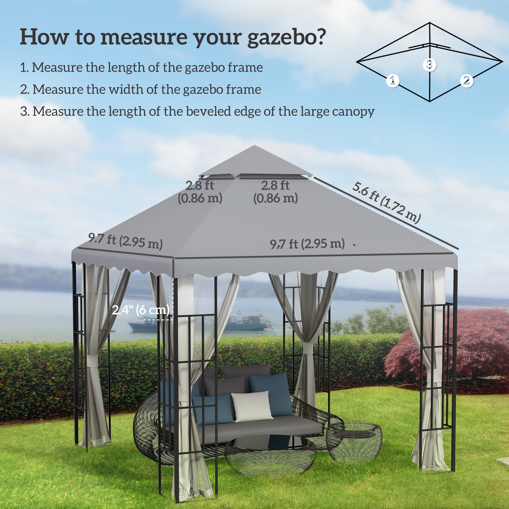 Outsunny 10' x 10' Gazebo Replacement Canopy Cover, 2 Tier Gazebo Roof Replacement TOP ONLY, Light Grey