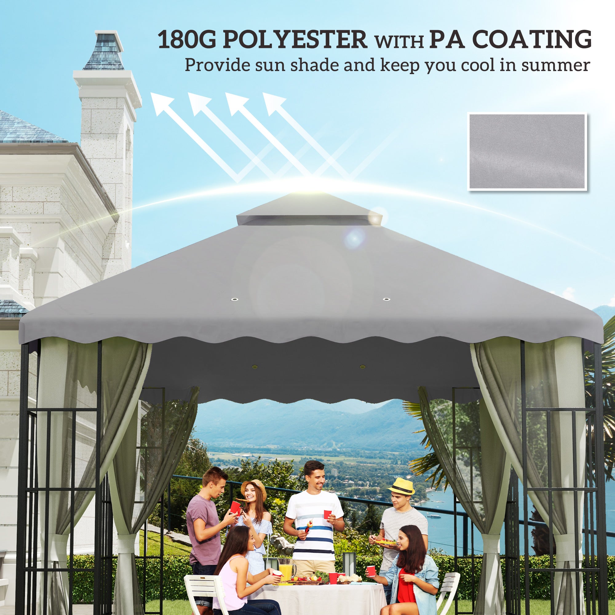 Outsunny 10' x 10' Gazebo Replacement Canopy Cover, 2 Tier Gazebo Roof Replacement TOP ONLY, Light Grey