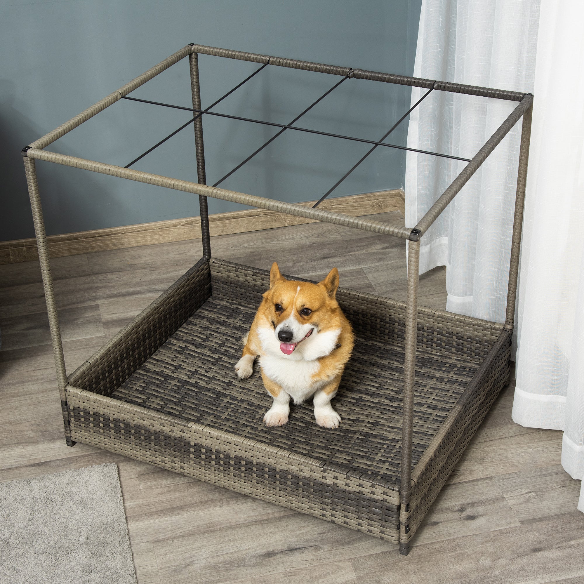 PawHut Wicker Dog House for Indoor Outdoor, Elevated Pet Sofa, Rattan Cat Bed for Garden Patio, Weatherability Roof for Medium-Sized Dogs, Grey
