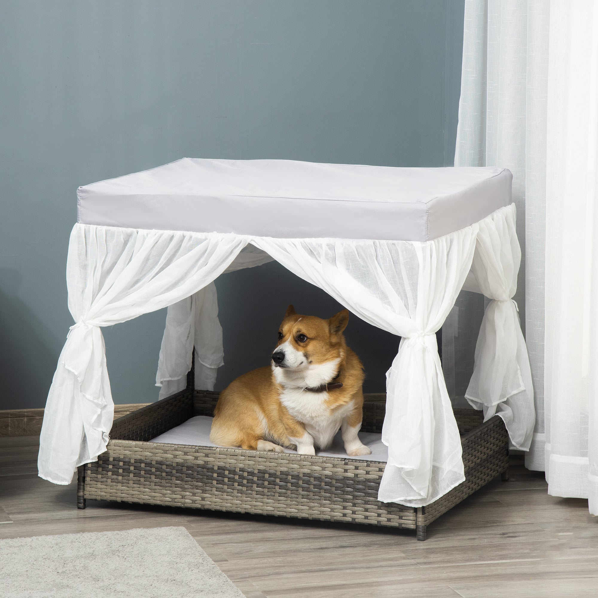 PawHut Wicker Dog House for Indoor Outdoor, Elevated Pet Sofa, Rattan Cat Bed for Garden Patio, Weatherability Roof for Medium-Sized Dogs, Grey
