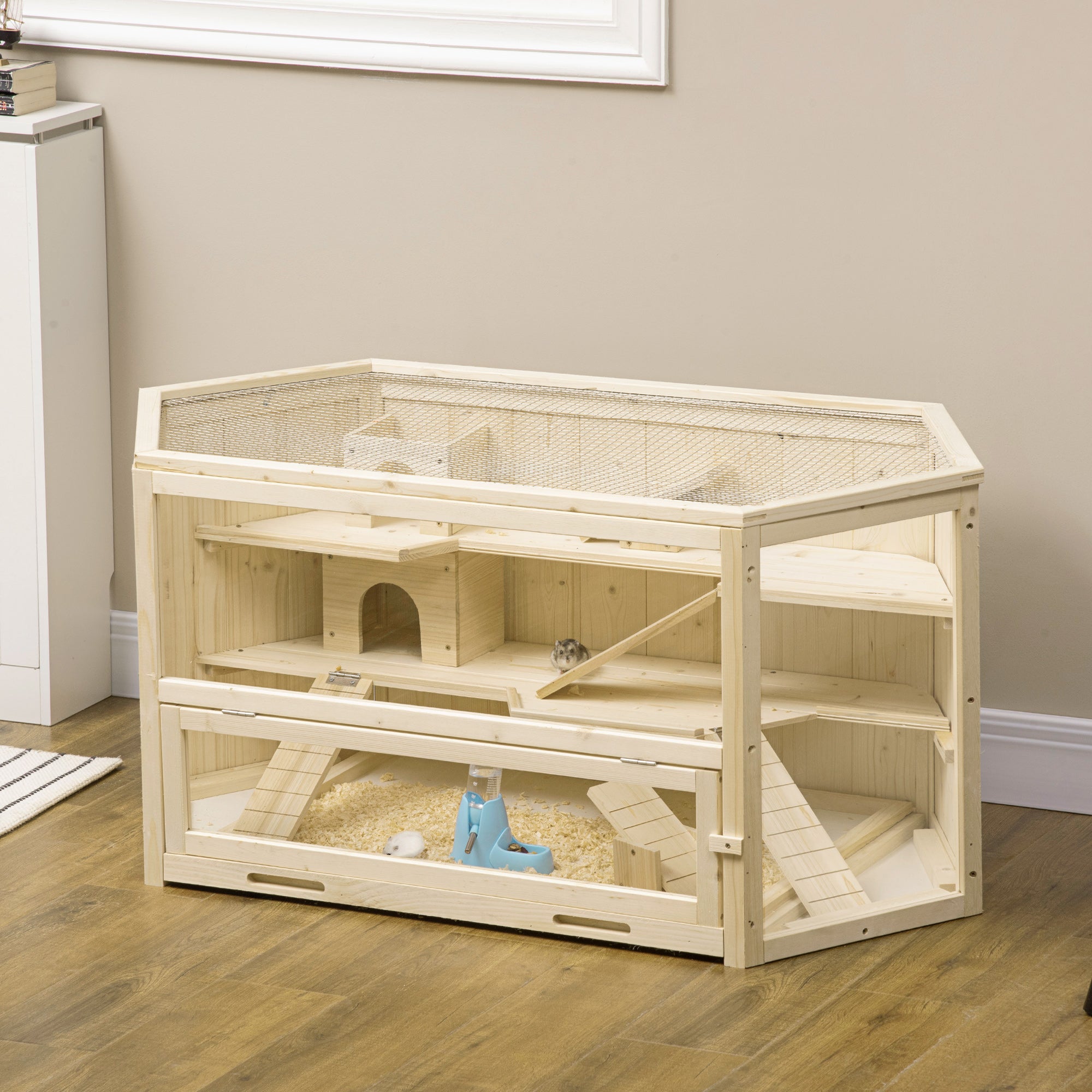 PawHut Wooden Large Hamster Cage Small Animal Exercise Play House 3 Tier with Sliding Tray, Seesaws, Water Bottle, Natural