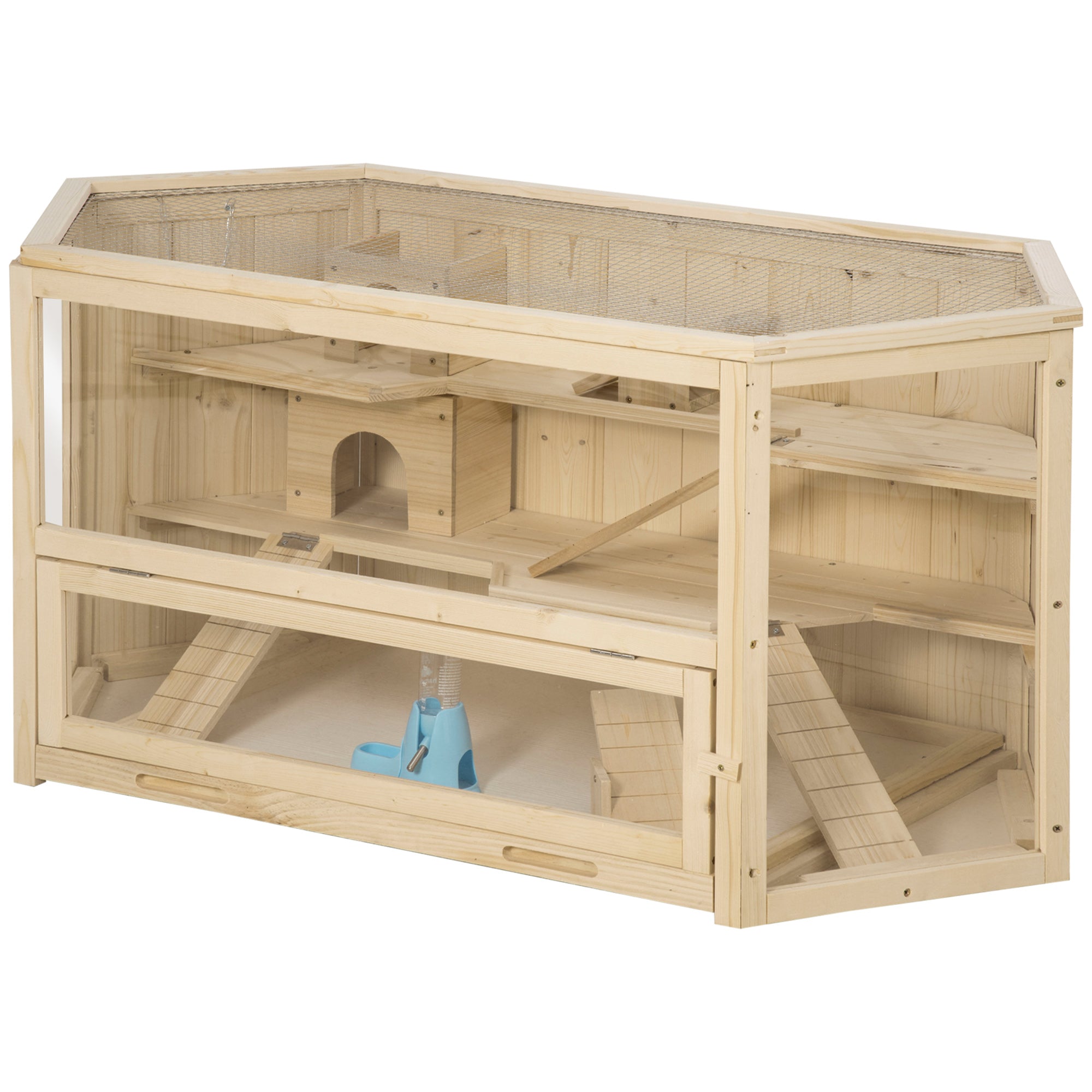PawHut Wooden Large Hamster Cage Small Animal Exercise Play House 3 Tier with Sliding Tray, Seesaws, Water Bottle, Natural