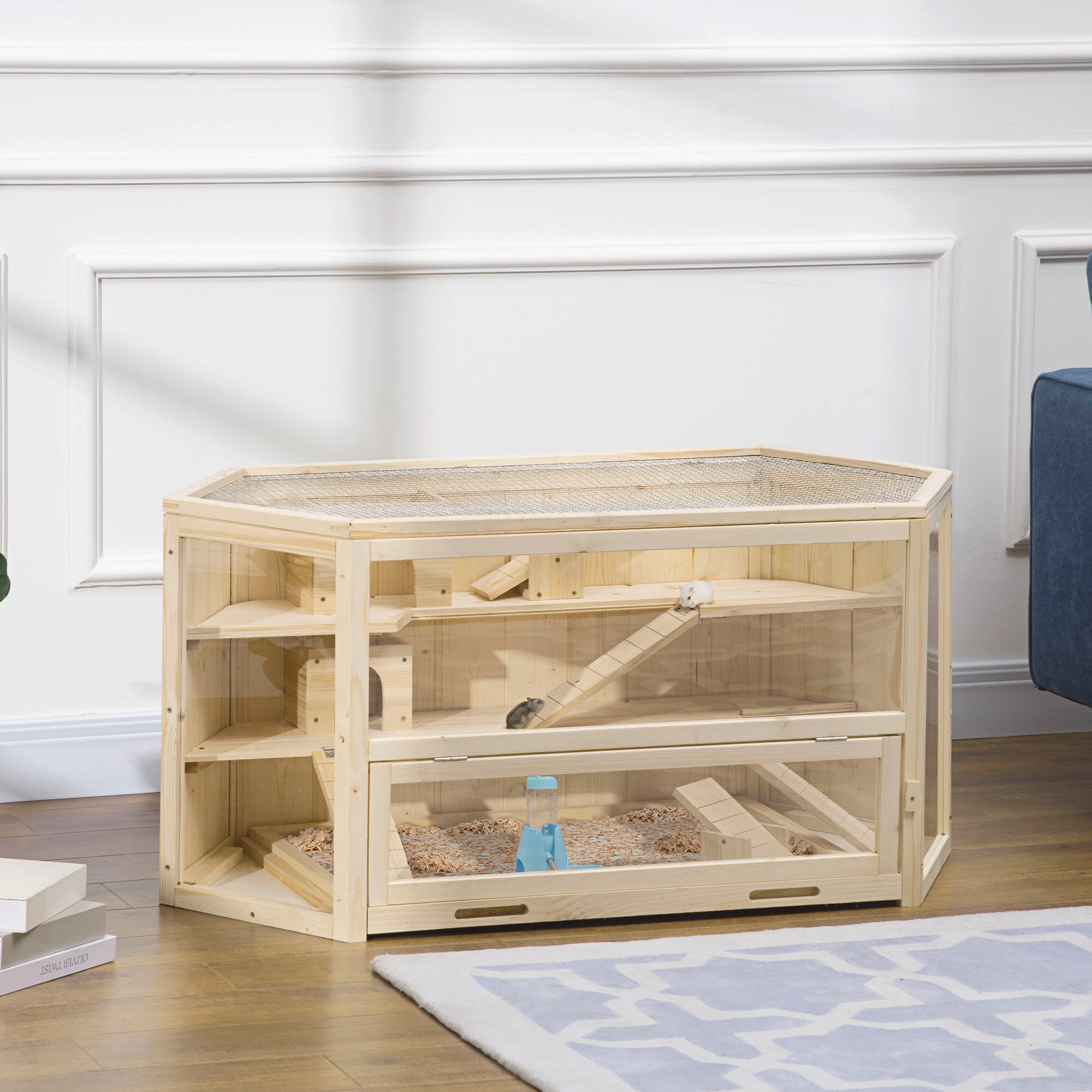 PawHut Wooden Large Hamster Cage Mouse Rats Small Animal Exercise Play House 3 Tier with Tray, Seesaws, Water Bottle, Activity Center