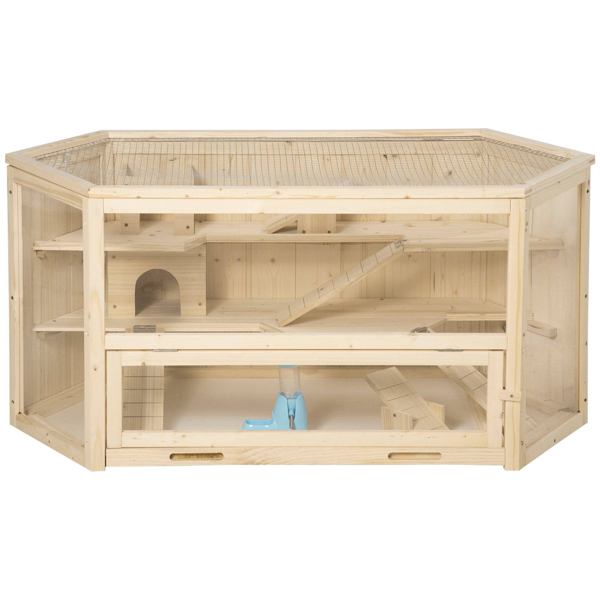 PawHut Wooden Large Hamster Cage Mouse Rats Small Animal Exercise Play House 3 Tier with Tray, Seesaws, Water Bottle, Activity Center