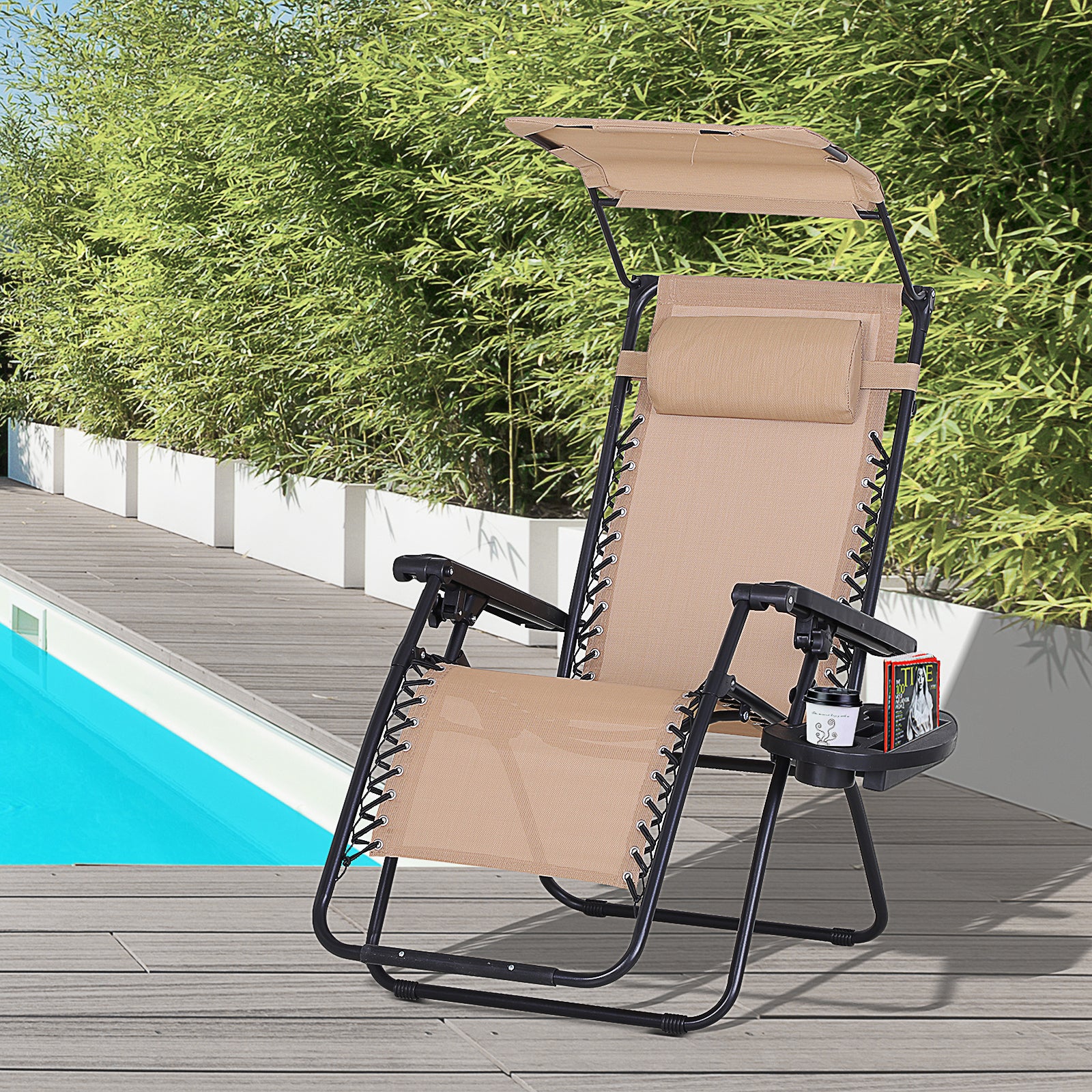 Outsunny Foldable Lounge Chair with Canopy Shade, Outdoor Zero Gravity Chair w/ Side Tray & Cup Holder, Reclining Lounger w/ Breathable Mesh Fabric Seat, Pillow, Beige