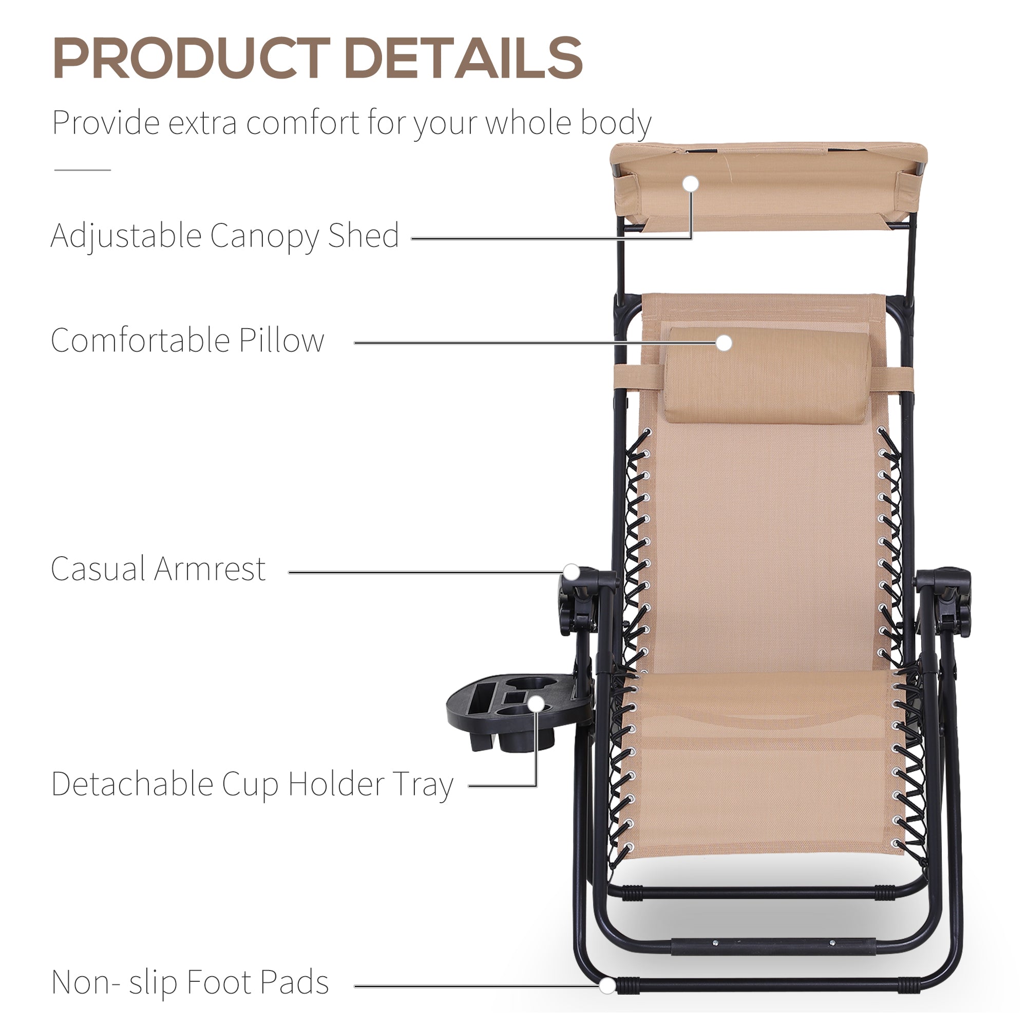 Outsunny Foldable Lounge Chair with Canopy Shade, Outdoor Zero Gravity Chair w/ Side Tray & Cup Holder, Reclining Lounger w/ Breathable Mesh Fabric Seat, Pillow, Beige