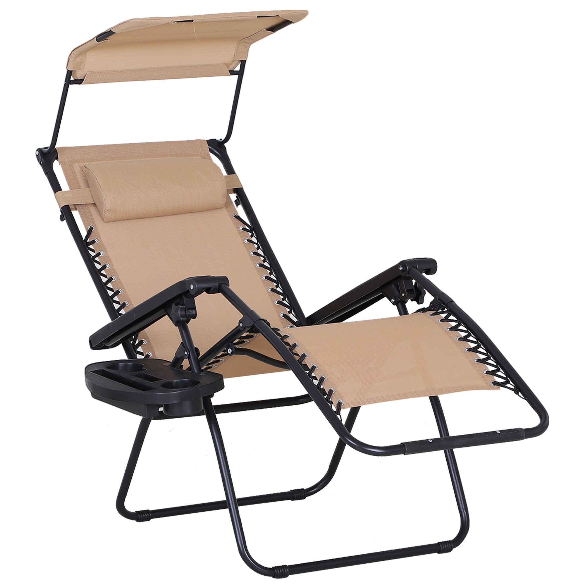 Outsunny Foldable Lounge Chair with Canopy Shade, Outdoor Zero Gravity Chair w/ Side Tray & Cup Holder, Reclining Lounger w/ Breathable Mesh Fabric Seat, Pillow, Beige