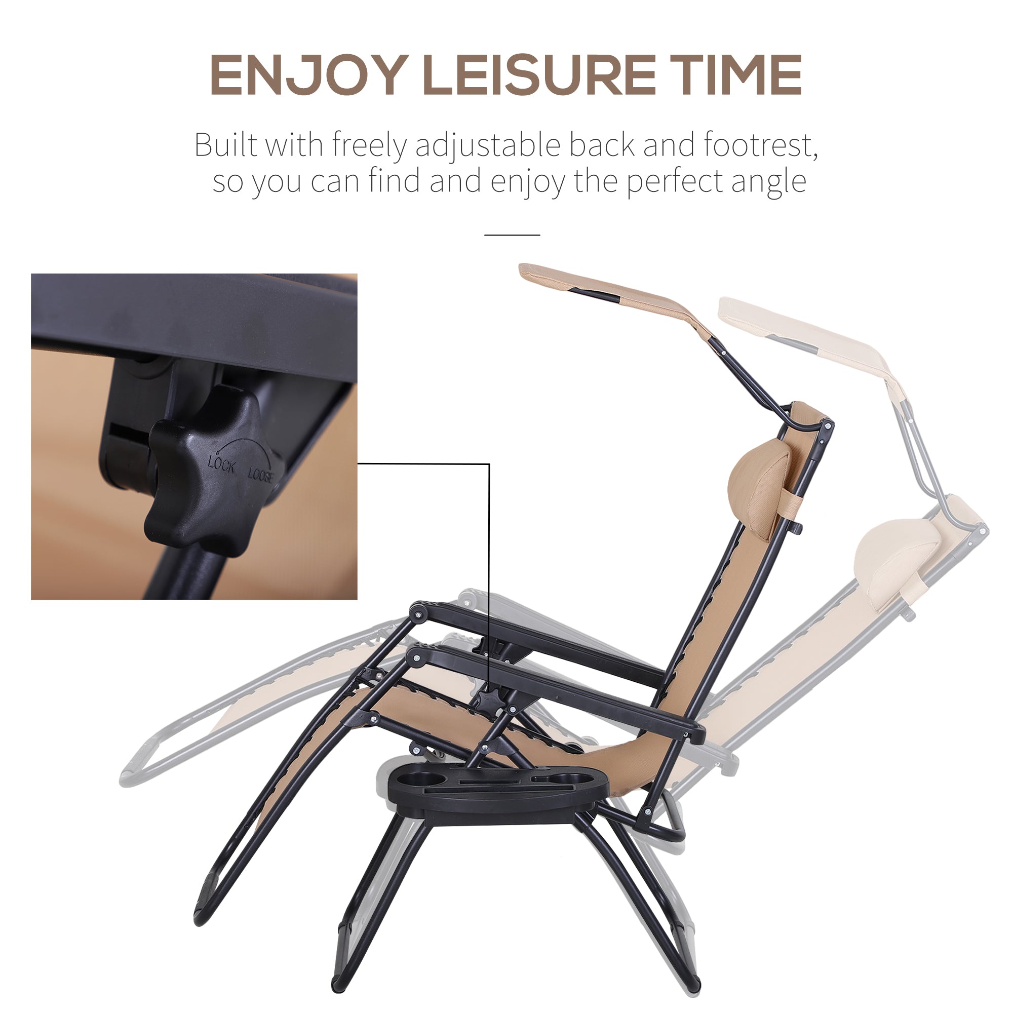 Outsunny Foldable Lounge Chair with Canopy Shade, Outdoor Zero Gravity Chair w/ Side Tray & Cup Holder, Reclining Lounger w/ Breathable Mesh Fabric Seat, Pillow, Beige