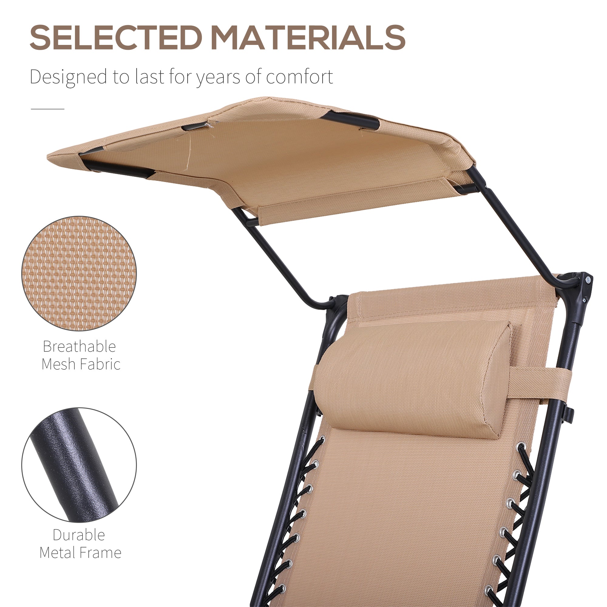 Outsunny Foldable Lounge Chair with Canopy Shade, Outdoor Zero Gravity Chair w/ Side Tray & Cup Holder, Reclining Lounger w/ Breathable Mesh Fabric Seat, Pillow, Beige
