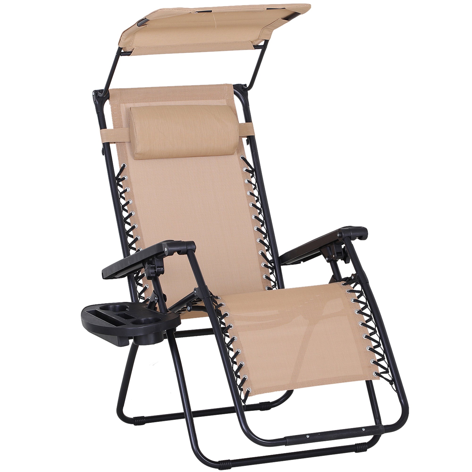 Outsunny Foldable Lounge Chair with Canopy Shade, Outdoor Zero Gravity Chair w/ Side Tray & Cup Holder, Reclining Lounger w/ Breathable Mesh Fabric Seat, Pillow, Beige