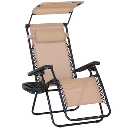 Outsunny Foldable Lounge Chair with Canopy Shade, Outdoor Zero Gravity Chair w/ Side Tray & Cup Holder, Reclining Lounger w/ Breathable Mesh Fabric Seat, Pillow, Beige