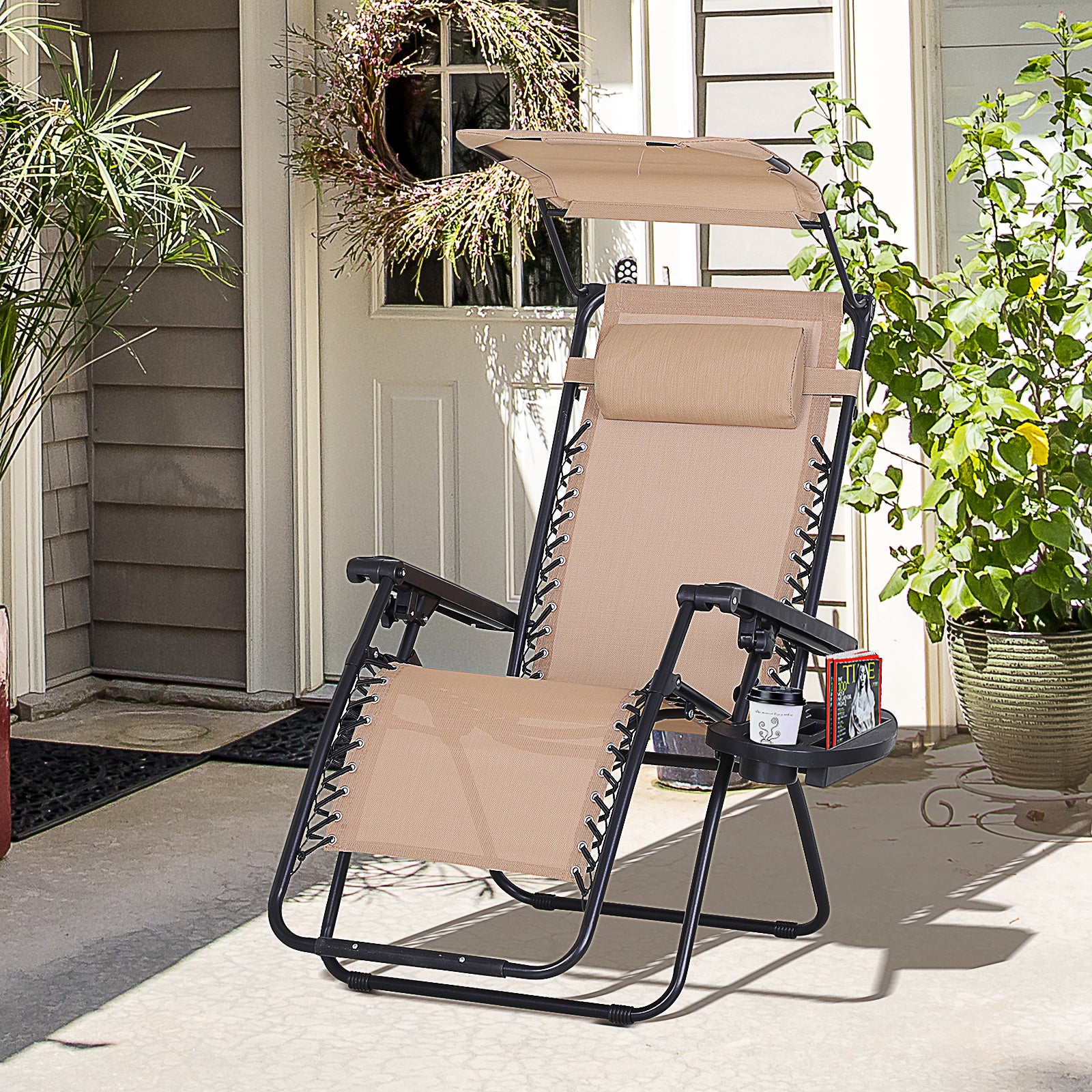 Outsunny Foldable Lounge Chair with Canopy Shade, Outdoor Zero Gravity Chair w/ Side Tray & Cup Holder, Reclining Lounger w/ Breathable Mesh Fabric Seat, Pillow, Beige