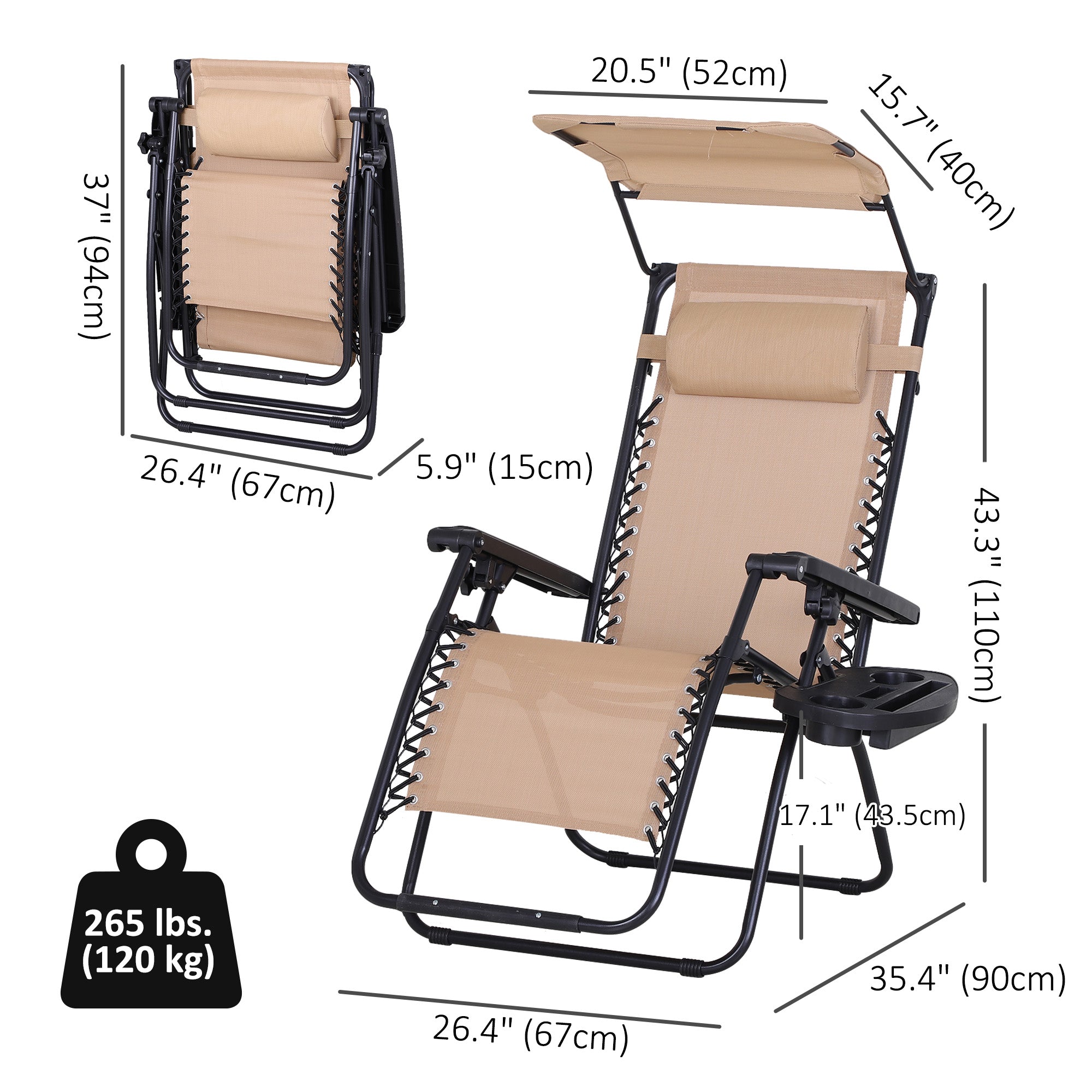 Outsunny Foldable Lounge Chair with Canopy Shade, Outdoor Zero Gravity Chair w/ Side Tray & Cup Holder, Reclining Lounger w/ Breathable Mesh Fabric Seat, Pillow, Beige
