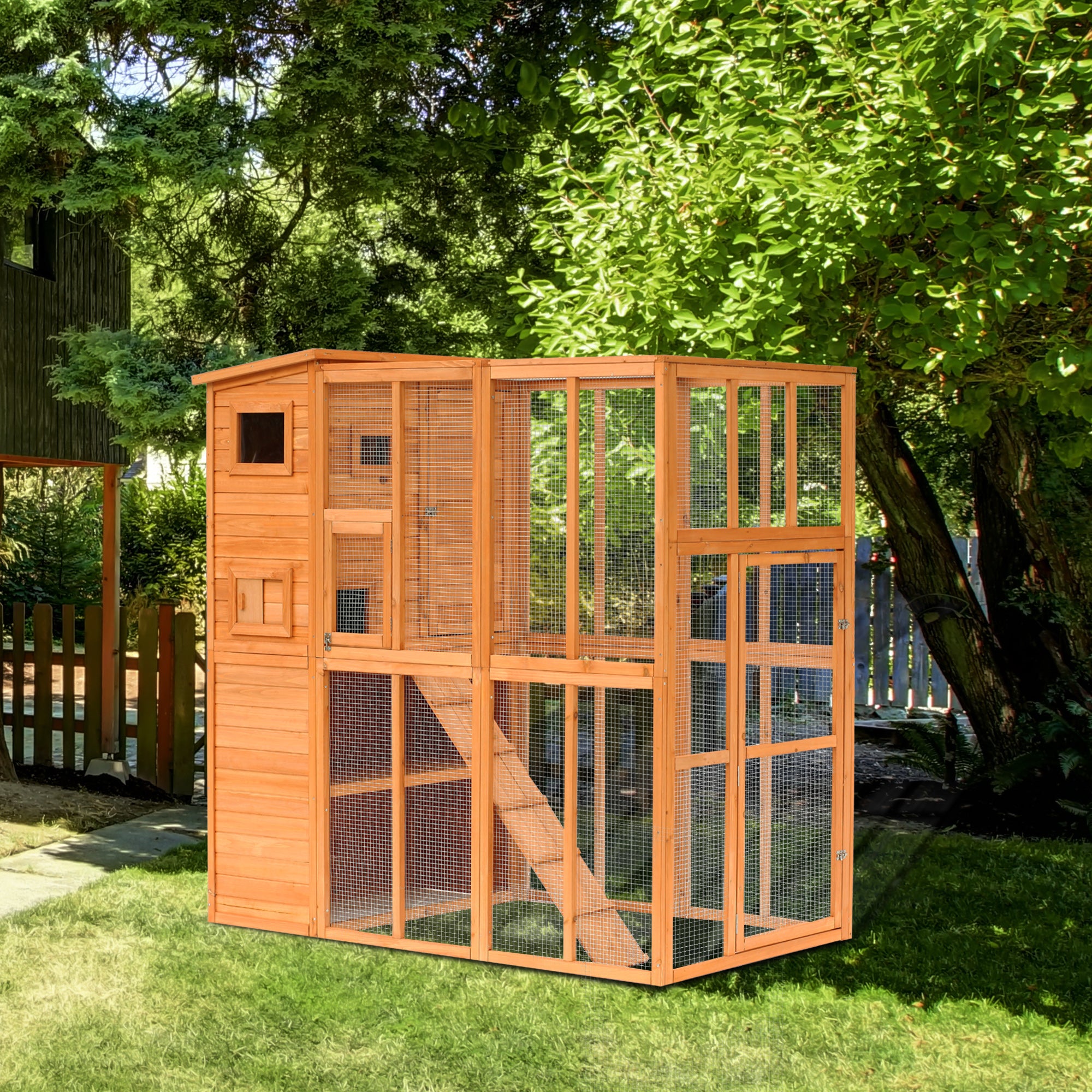 PawHut Large Catio Outdoor Cat Enclosure Weatherproof Cat House with Cat Condo, Indoor Wooden Cat Cage Pet Kennel, 77"L x 38"W x 69"H