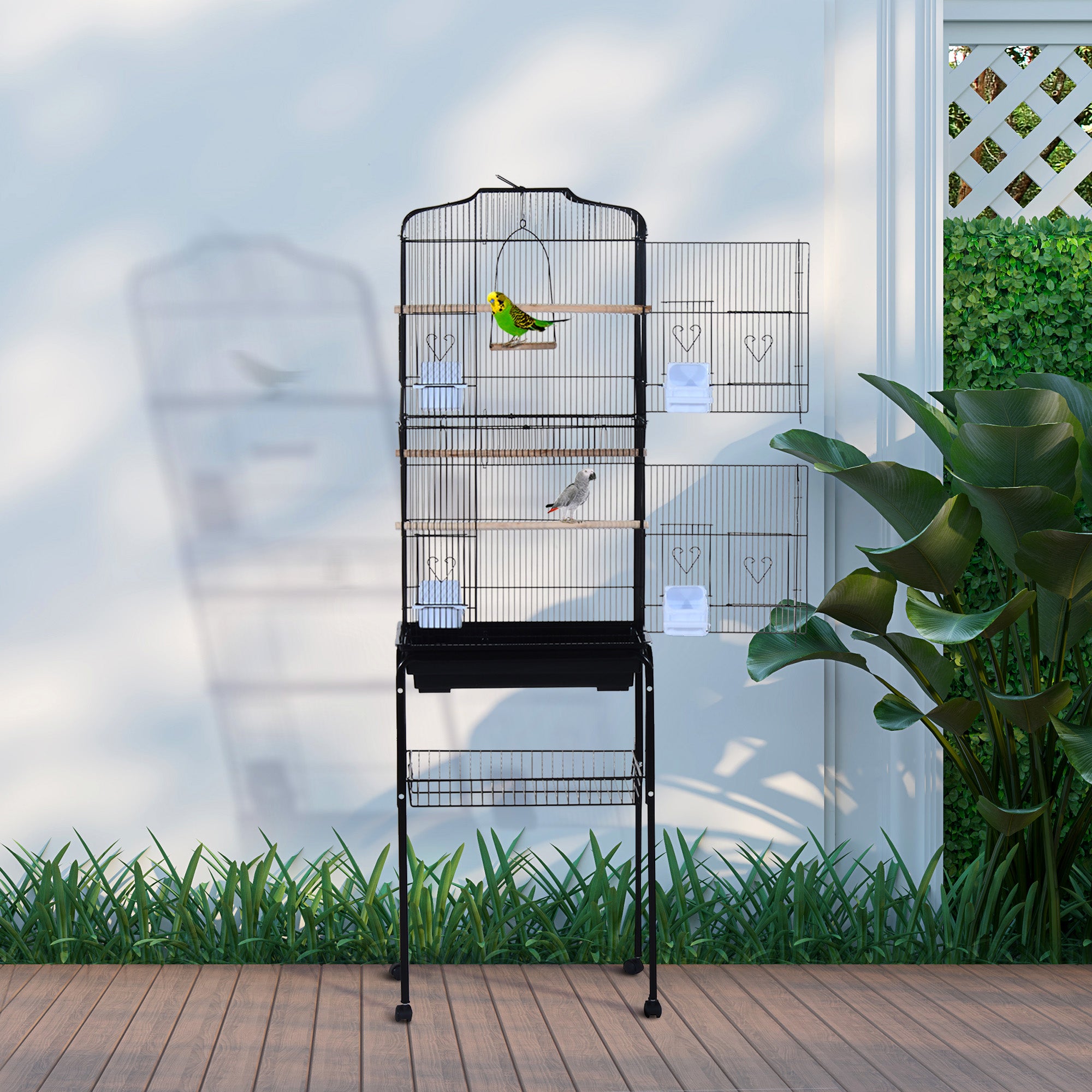 PawHut Large Metal Bird Cage with Breeding Stand Feeding Tray Wheels for Canary, Finch, Parakeet, Budgerigar, Black, 47.5 L x 37 W x 160 H (cm)