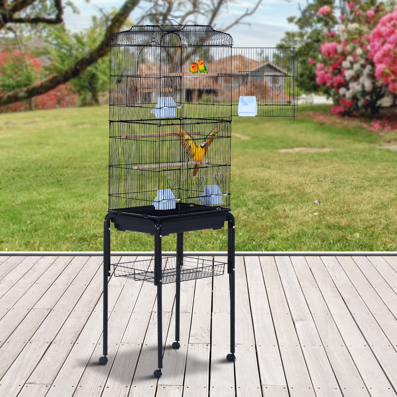 PawHut 60" Rolling Bird Cage Cockatoo House Play Top Finch Pet Supply with Wheels Black