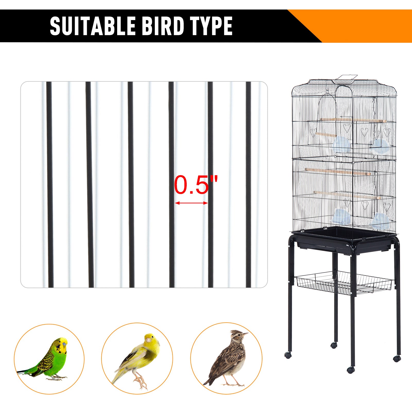 PawHut 60" Rolling Bird Cage Cockatoo House Play Top Finch Pet Supply with Wheels Black