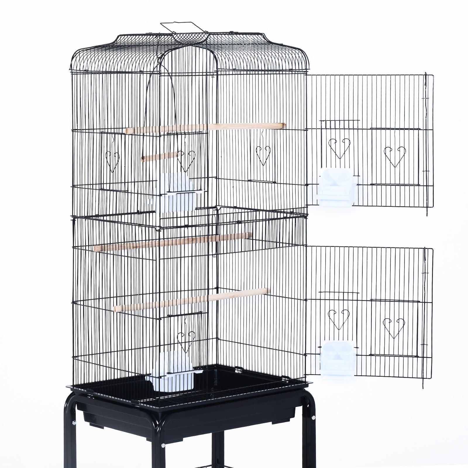 PawHut Large Metal Bird Cage with Breeding Stand Feeding Tray Wheels for Canary, Finch, Parakeet, Budgerigar, Black, 47.5 L x 37 W x 160 H (cm)