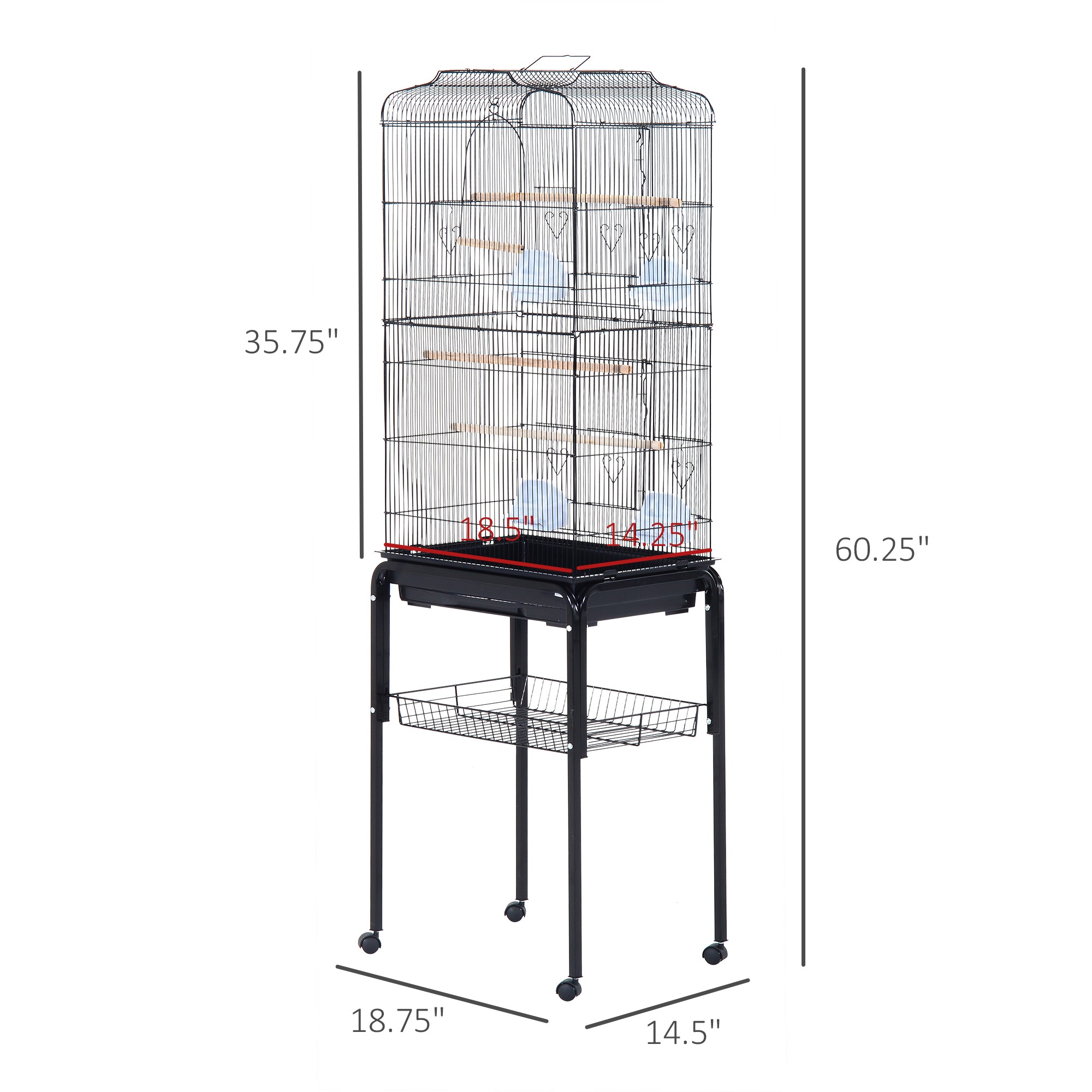 PawHut 60" Rolling Bird Cage Cockatoo House Play Top Finch Pet Supply with Wheels Black