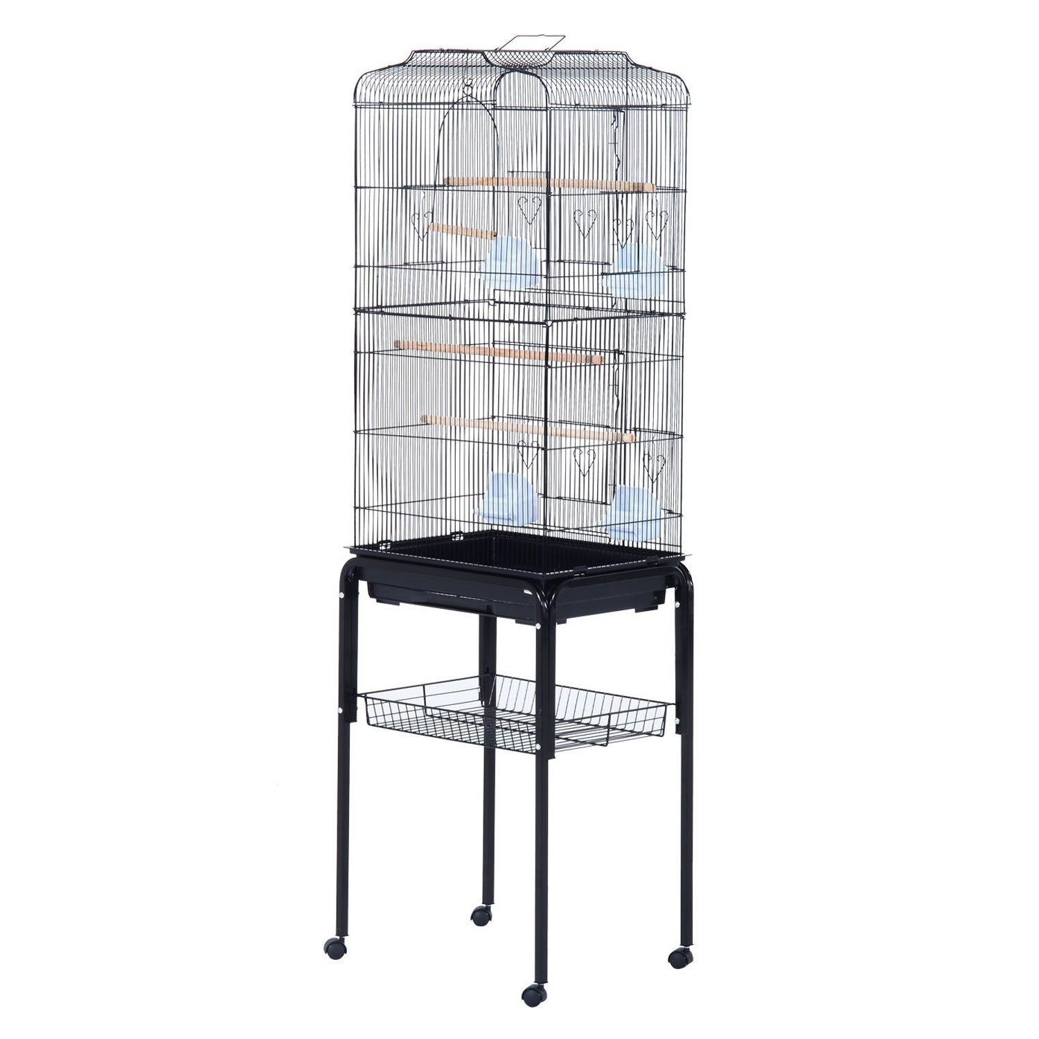 PawHut Large Metal Bird Cage with Breeding Stand Feeding Tray Wheels for Canary, Finch, Parakeet, Budgerigar, Black, 47.5 L x 37 W x 160 H (cm)