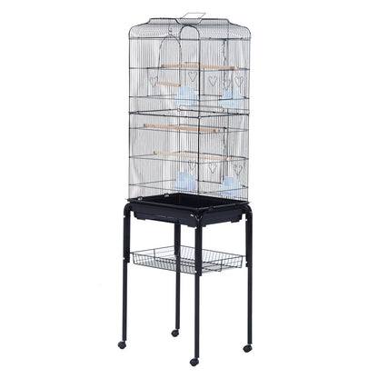PawHut Large Metal Bird Cage with Breeding Stand Feeding Tray Wheels for Canary, Finch, Parakeet, Budgerigar, Black, 47.5 L x 37 W x 160 H (cm)