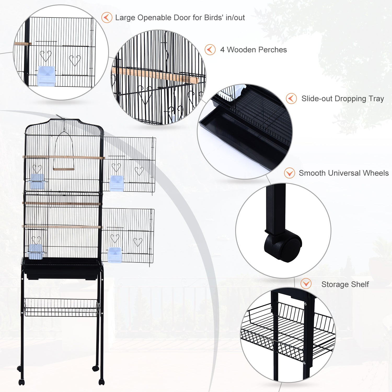 PawHut Large Metal Bird Cage with Breeding Stand Feeding Tray Wheels for Canary, Finch, Parakeet, Budgerigar, Black, 47.5 L x 37 W x 160 H (cm)