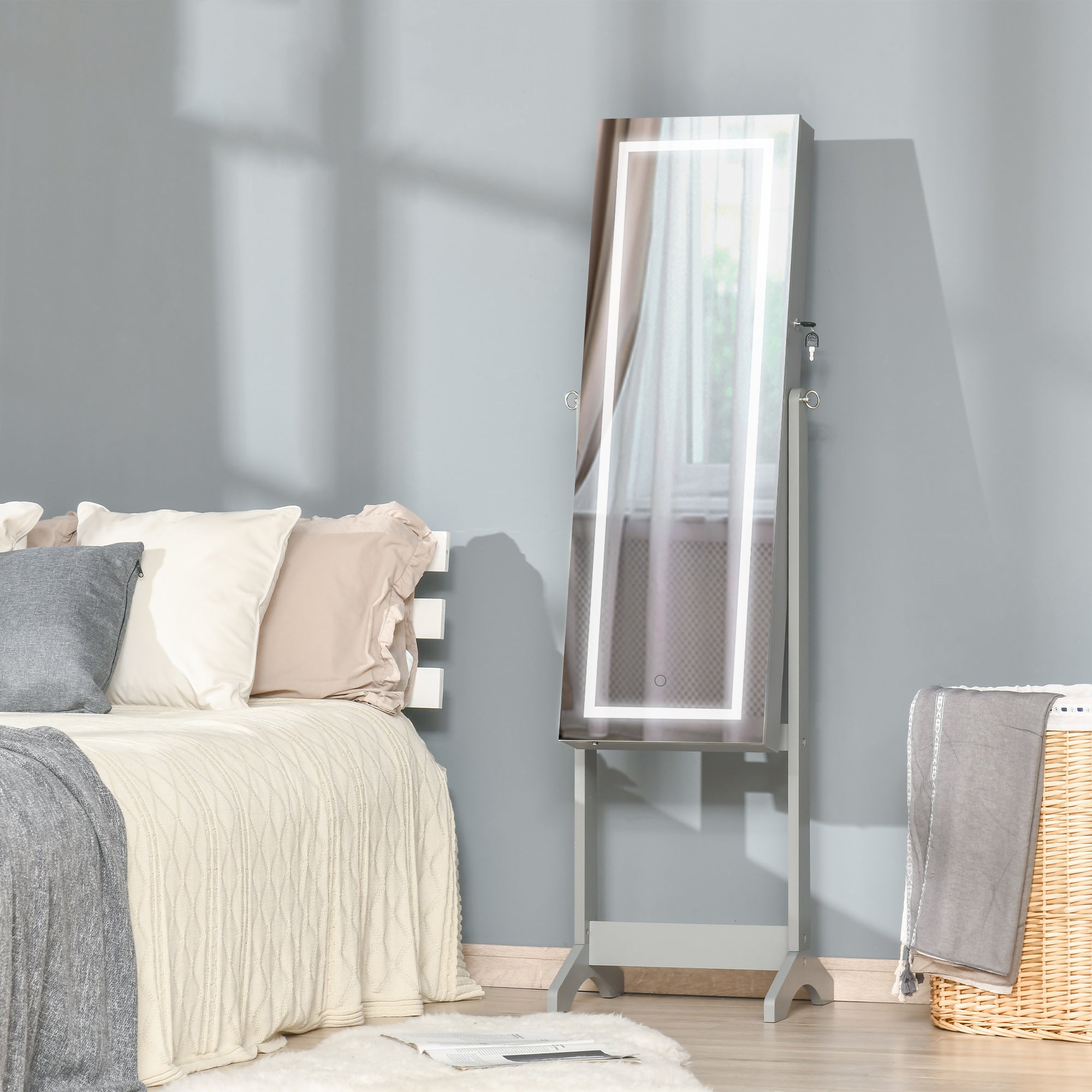 HOMCOM Jewellery Cabinet with LED Light, Lockable Jewellery Organiser with Full-Length Mirror for Bedroom Dressing Room, Grey