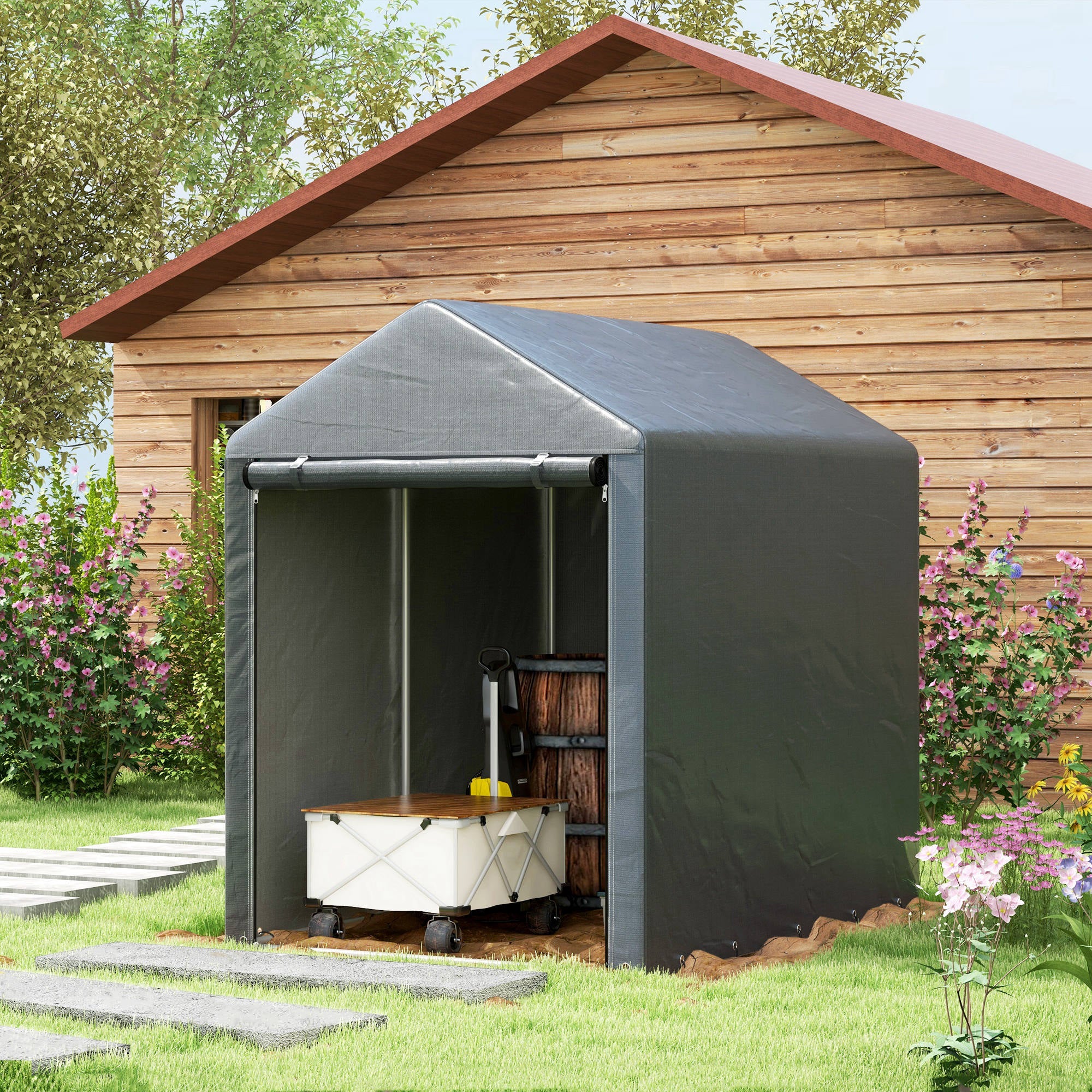 Outsunny 4 x 6ft Portable Shed, Outdoor Storage Shed Tent with Galvanised Steel Frame and Roll-up Door for Motorcycle, Bike, Garden Tools