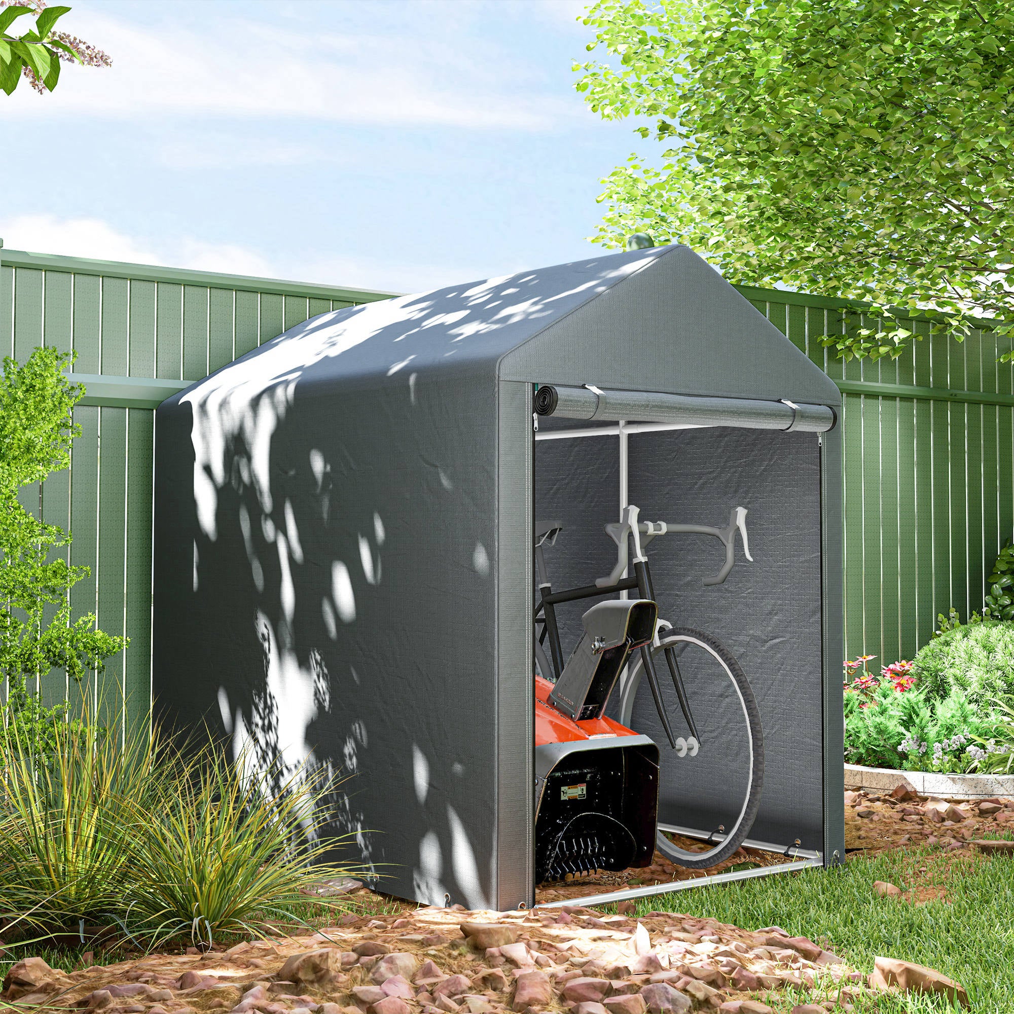 Outsunny 4 x 6ft Portable Shed, Outdoor Storage Shed Tent with Galvanised Steel Frame and Roll-up Door for Motorcycle, Bike, Garden Tools