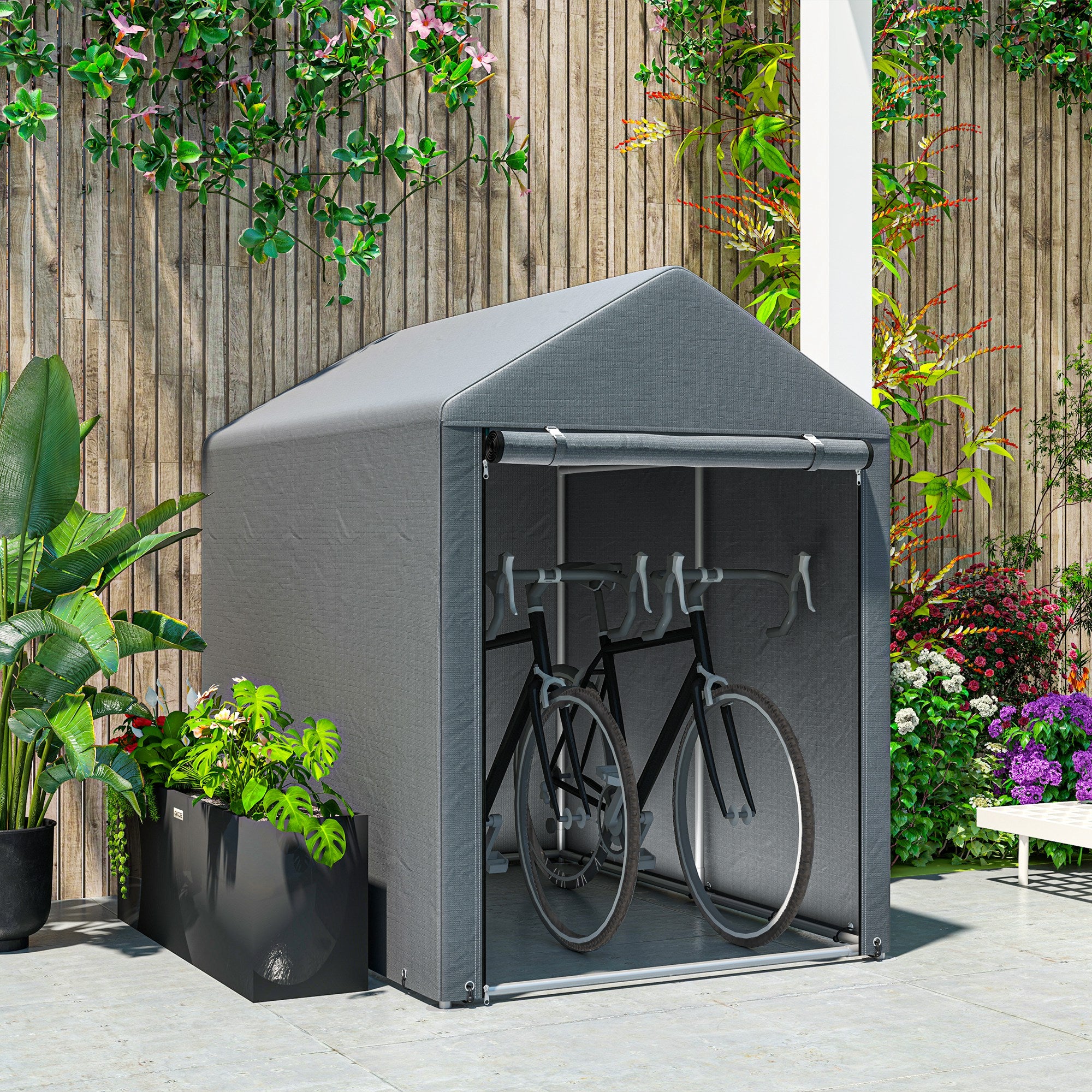 Outsunny 4 x 6ft Portable Shed, Outdoor Storage Shed Tent with Galvanised Steel Frame and Roll-up Door for Motorcycle, Bike, Garden Tools