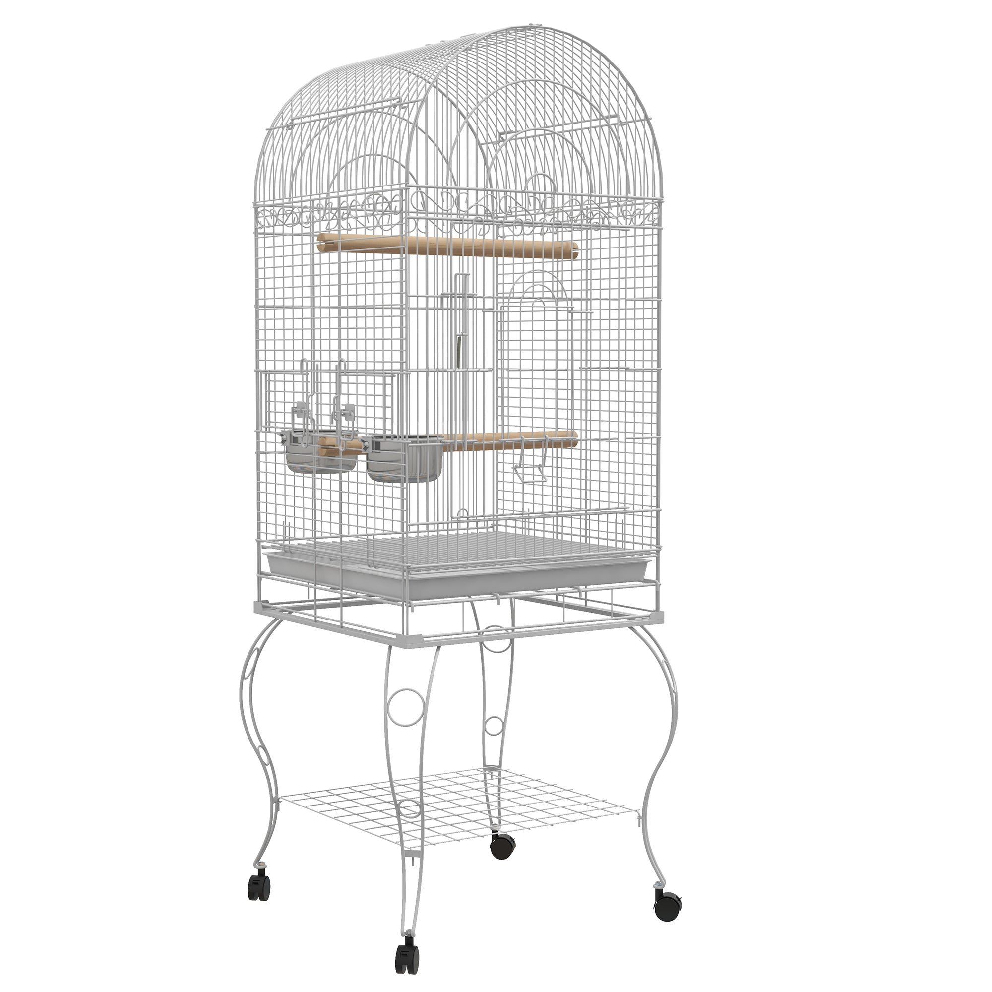 PawHut Play Open Top Bird Cage 60" Parrot Cage for Cockatiel, Sun Conure with Rolling Stand, Removable Tray, Perches, Storage Shelf White, 20.1" x 20.1"