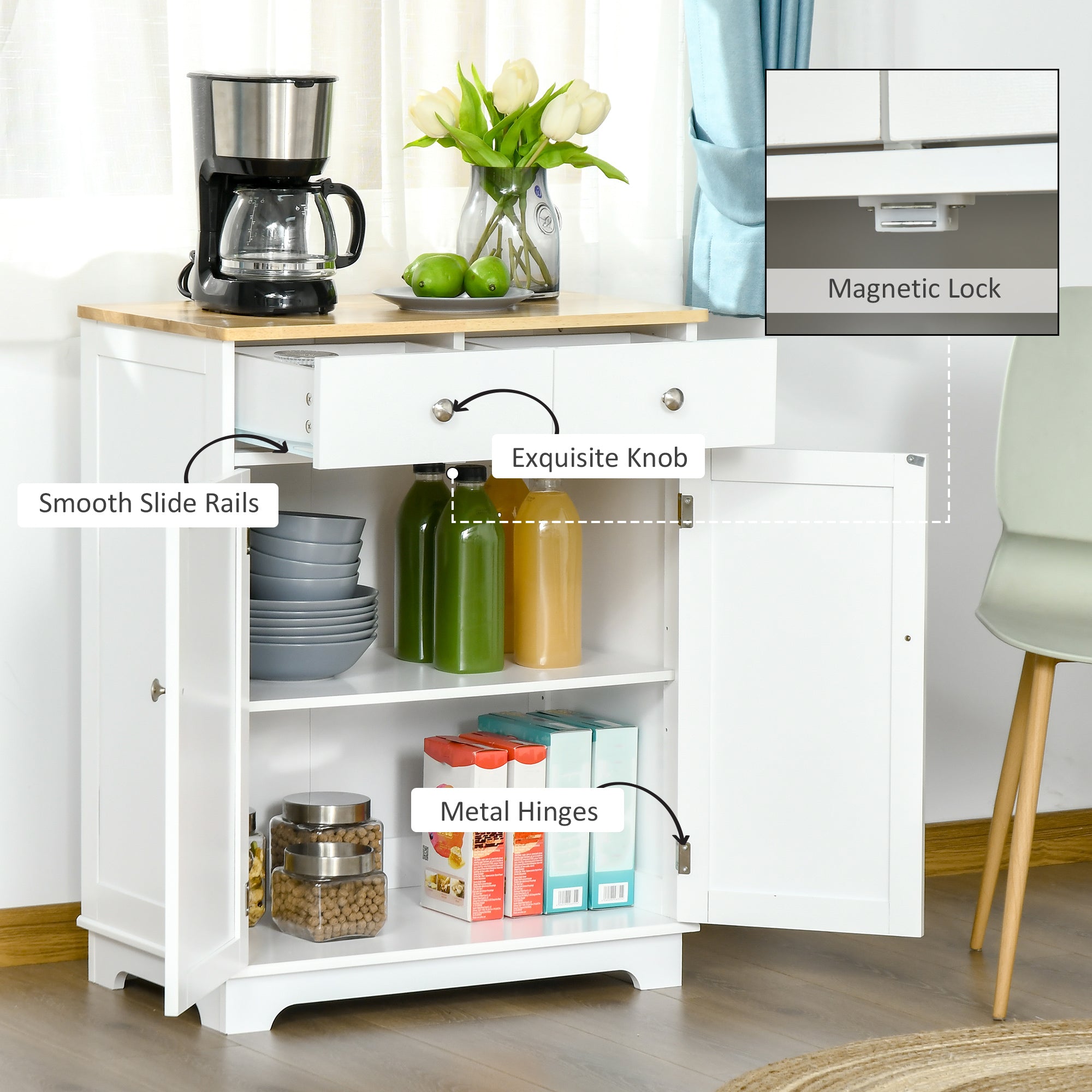 HOMCOM Sideboard Buffet Cabinet with Storage, 27" Kitchen Cabinet with Adjustable Shelf, 2 Drawers and 2 Doors, Coffee Bar Cabinet with Rubberwood Tabletop, White