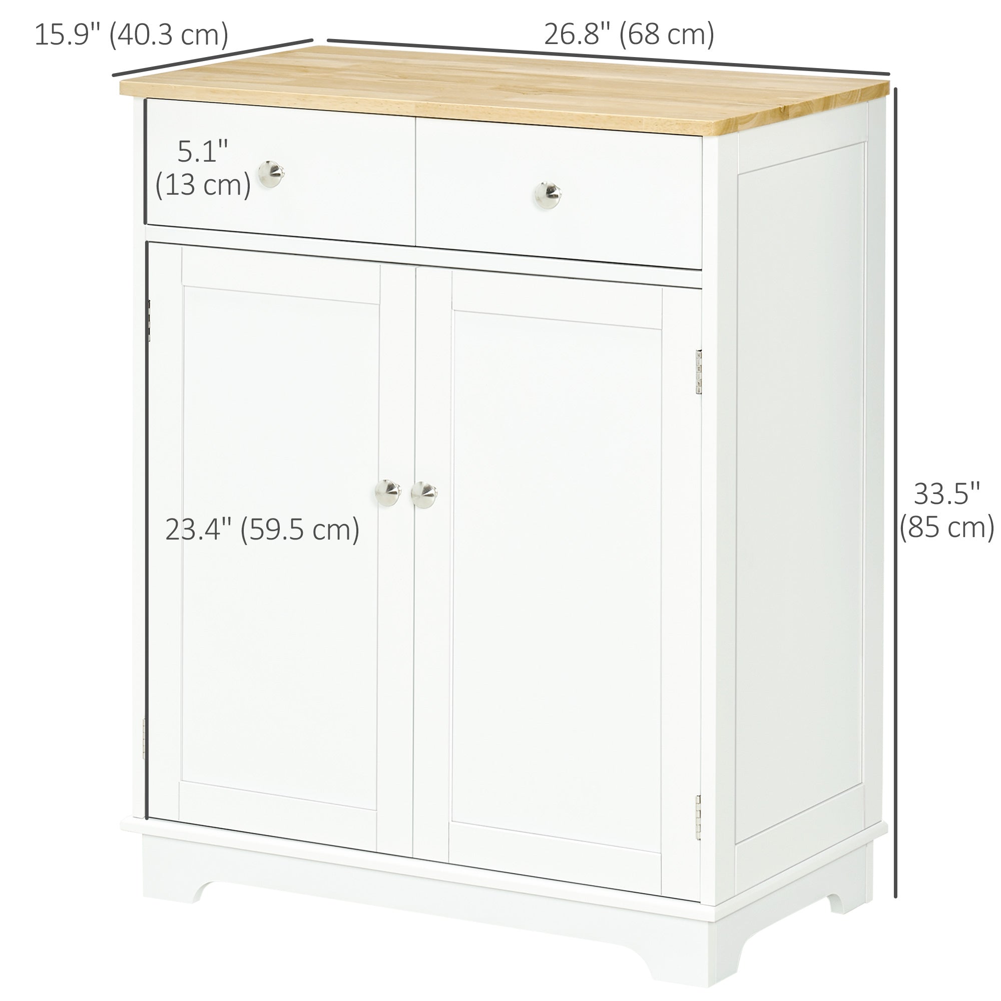 HOMCOM Sideboard Buffet Cabinet with Storage, 27" Kitchen Cabinet with Adjustable Shelf, 2 Drawers and 2 Doors, Coffee Bar Cabinet with Rubberwood Tabletop, White