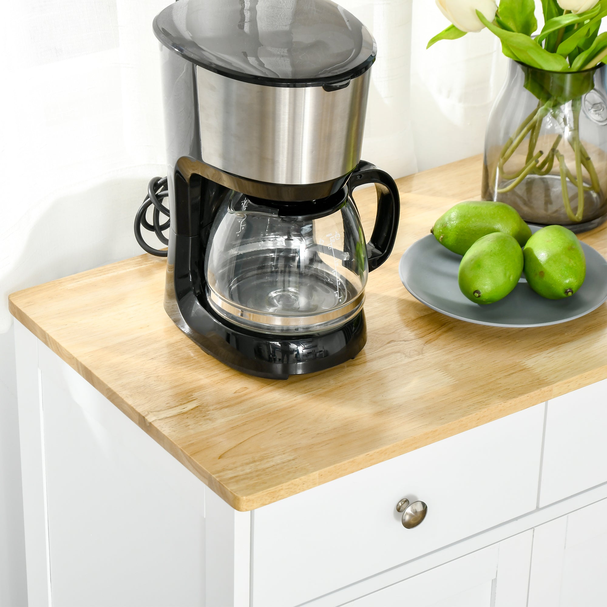 HOMCOM Sideboard Buffet Cabinet with Storage, 27" Kitchen Cabinet with Adjustable Shelf, 2 Drawers and 2 Doors, Coffee Bar Cabinet with Rubberwood Tabletop, White