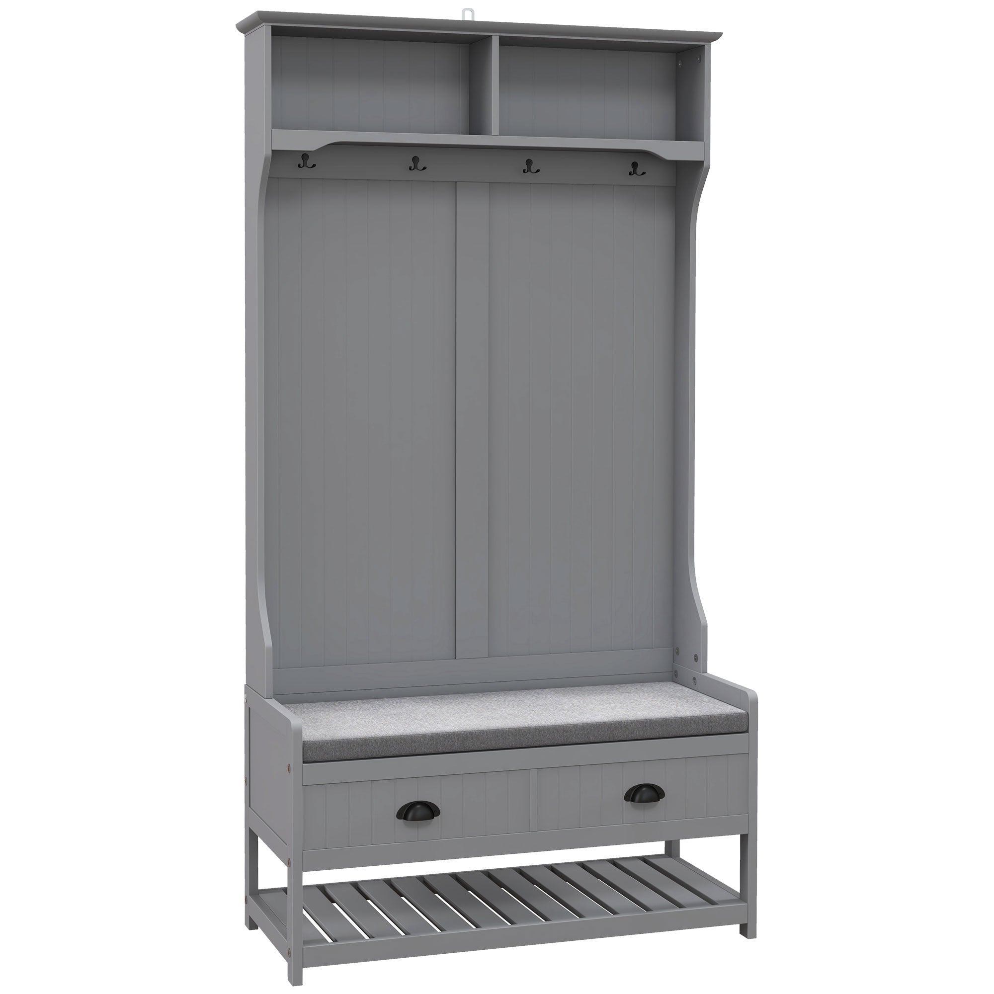HOMCOM Coat Rack Shoe Bench, Hall Tree with Bench and Shoe Storage, Entryway Bench with 4 Hooks, 2 Drawers, 2 Storage Shelves, Shoe Rack and Padded Seat Cushion, Grey