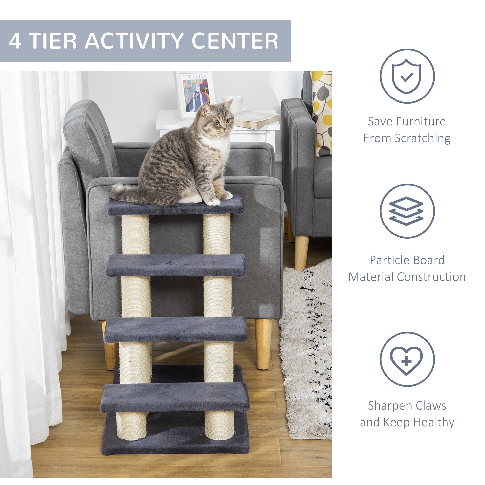 PawHut 4 Tier Pet Stairs Dog Cat 4 Steps Kitty Scatching Post Cat Scratch Furniture Dark Grey