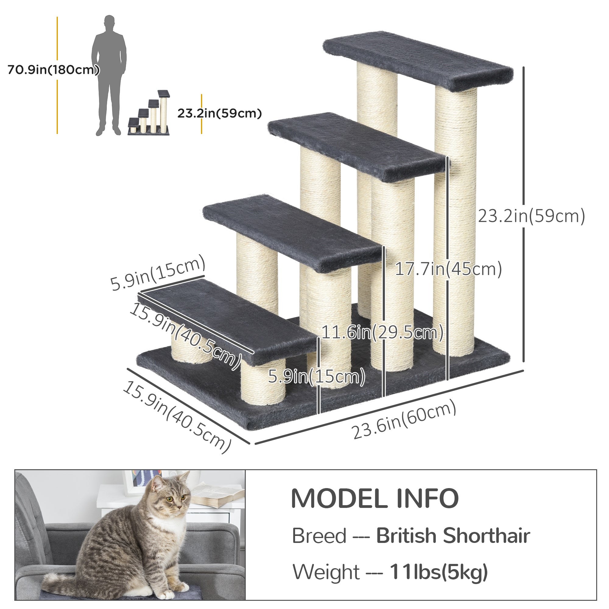 PawHut 4 Tier Pet Stairs Dog Cat 4 Steps Kitty Scatching Post Cat Scratch Furniture Dark Grey