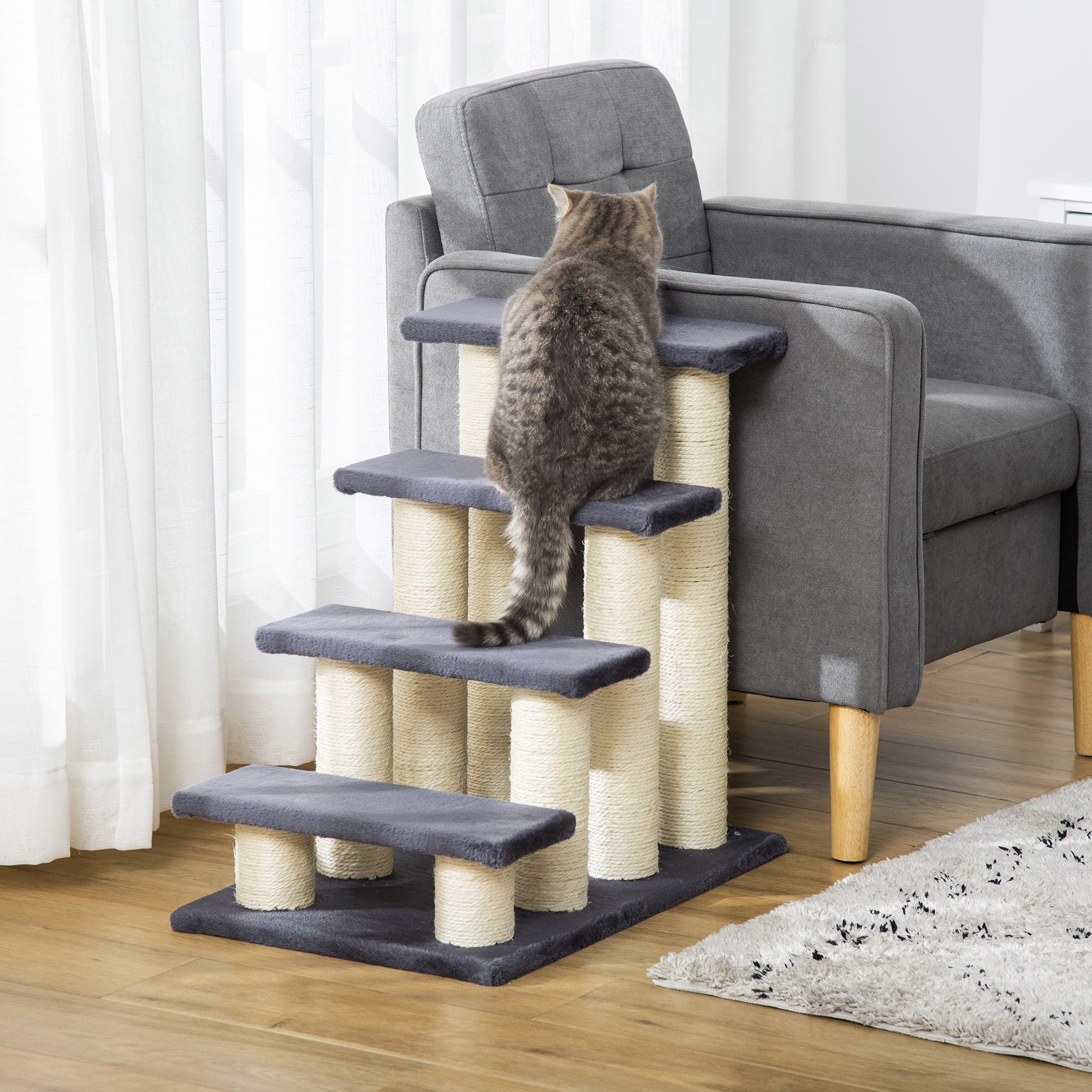 PawHut 4 Tier Pet Stairs Dog Cat 4 Steps Kitty Scatching Post Cat Scratch Furniture Dark Grey
