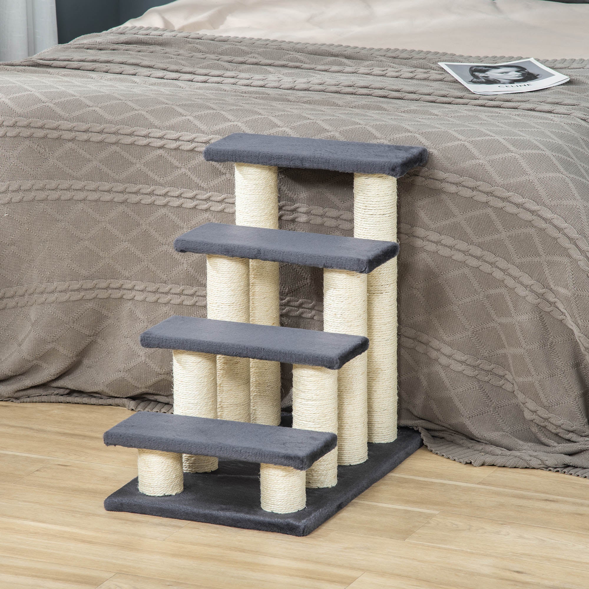 PawHut 4 Tier Pet Stairs Dog Cat 4 Steps Kitty Scatching Post Cat Scratch Furniture Dark Grey
